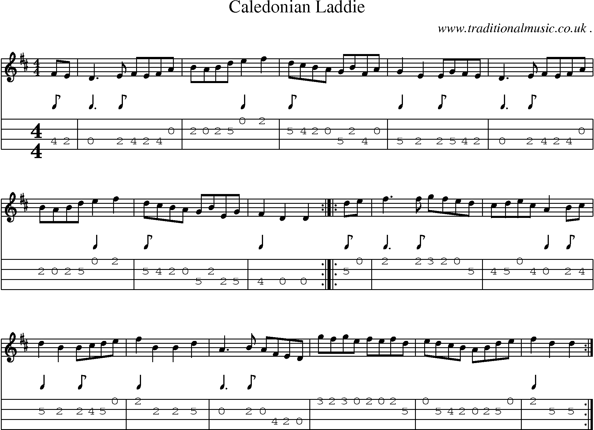 Sheet-music  score, Chords and Mandolin Tabs for Caledonian Laddie