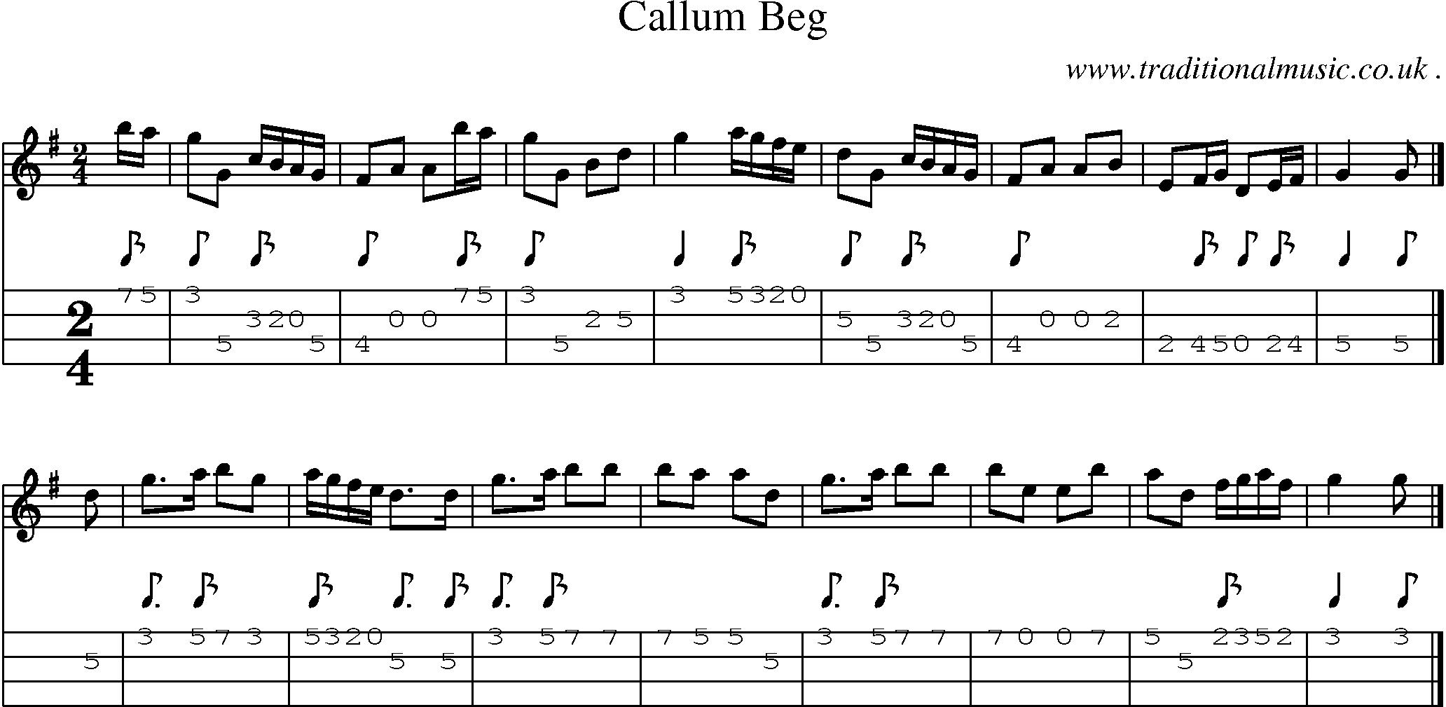 Sheet-music  score, Chords and Mandolin Tabs for Callum Beg