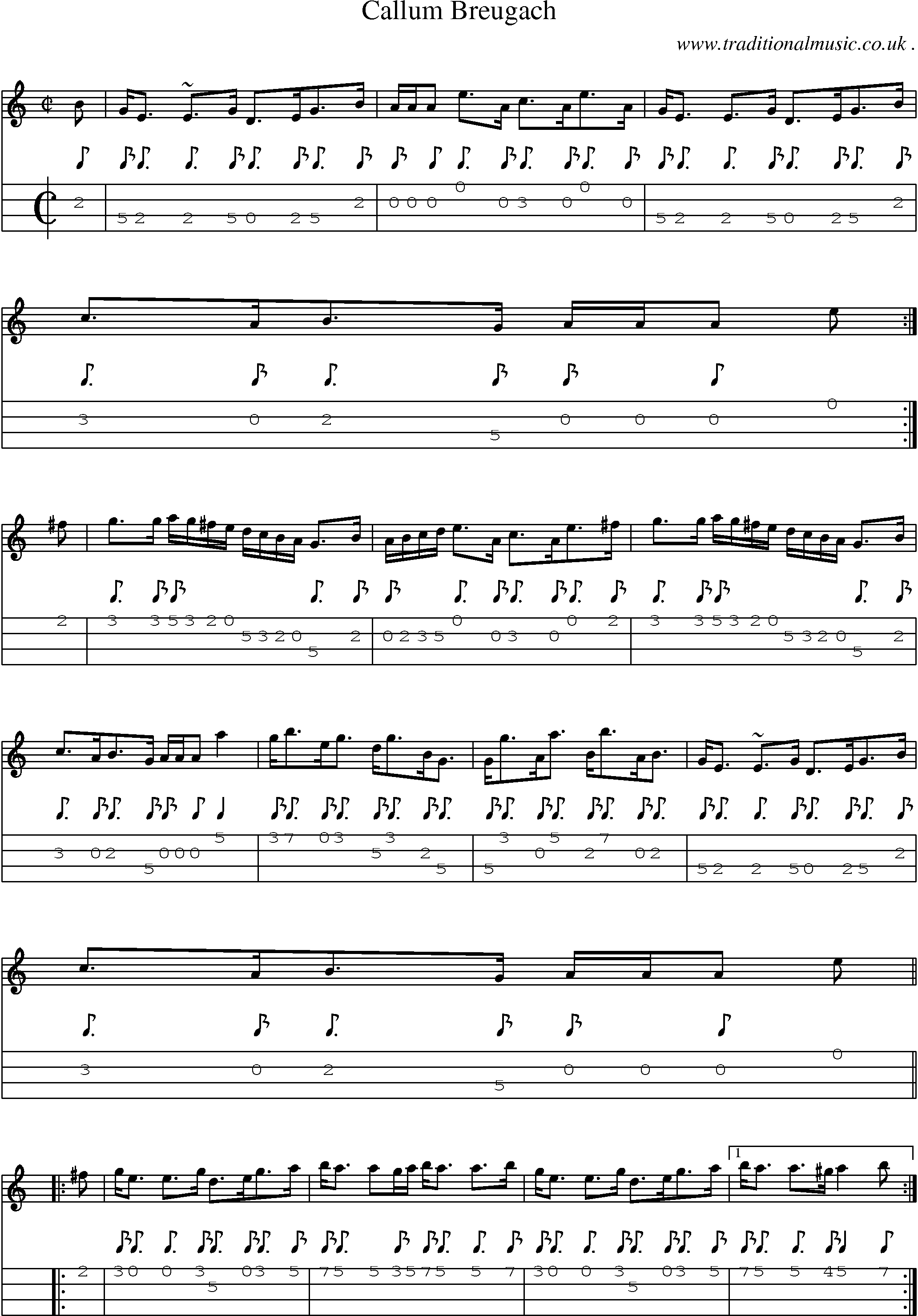 Sheet-music  score, Chords and Mandolin Tabs for Callum Breugach