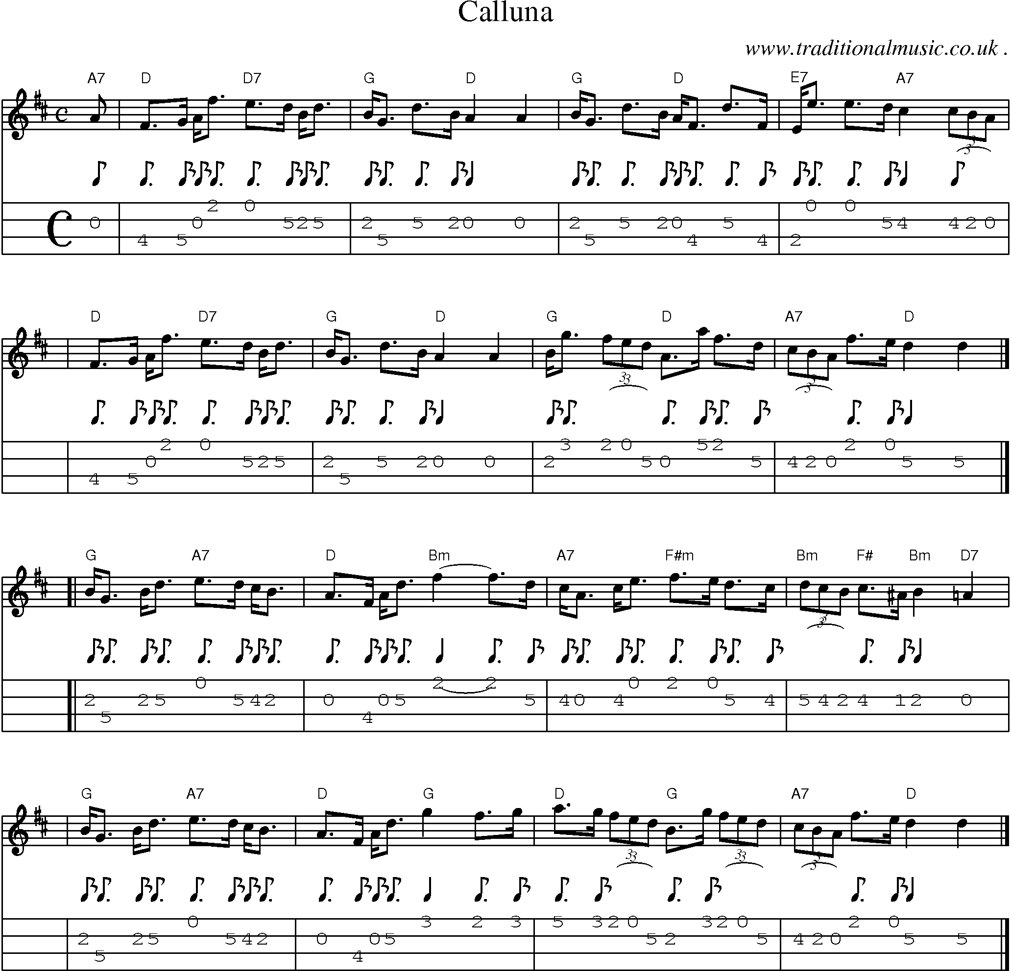 Sheet-music  score, Chords and Mandolin Tabs for Calluna
