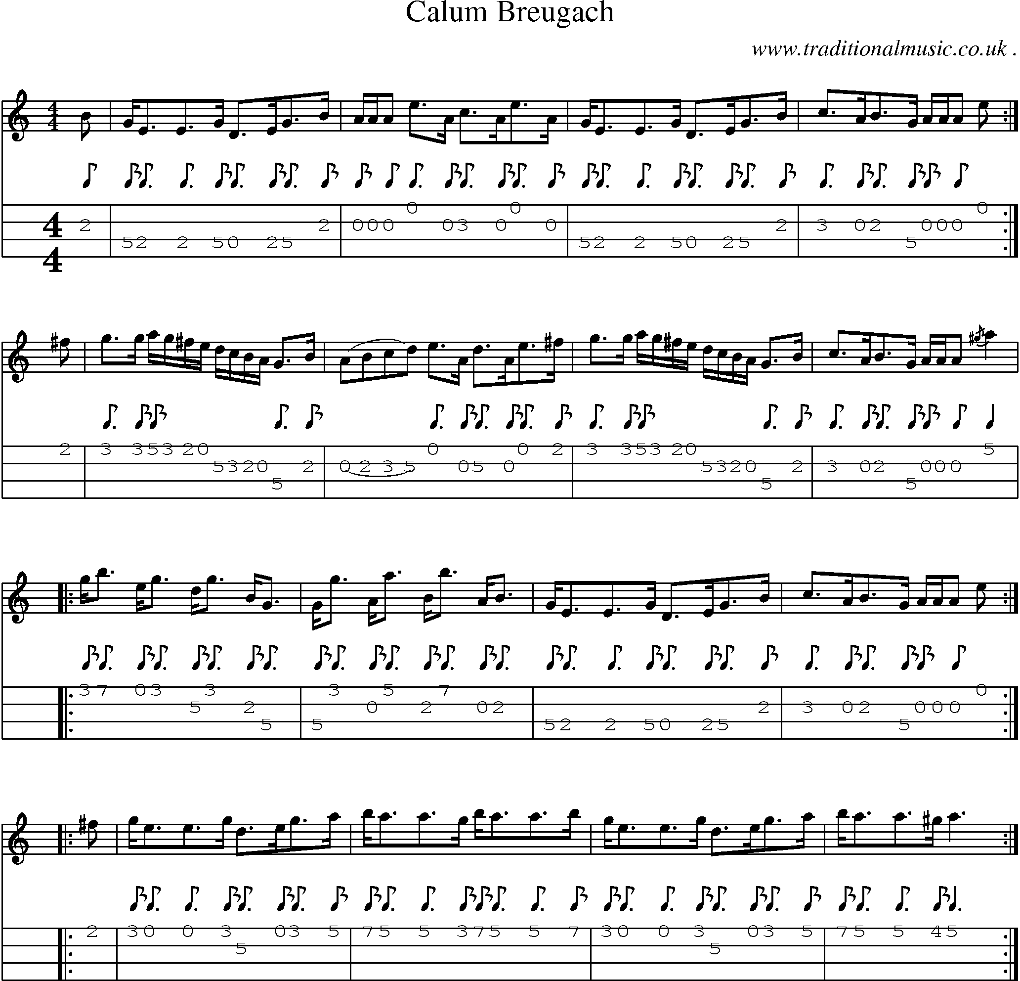 Sheet-music  score, Chords and Mandolin Tabs for Calum Breugach