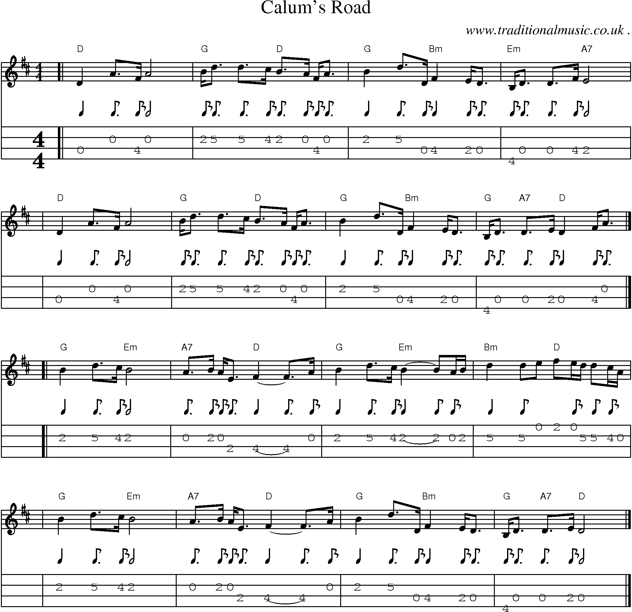 Sheet-music  score, Chords and Mandolin Tabs for Calums Road