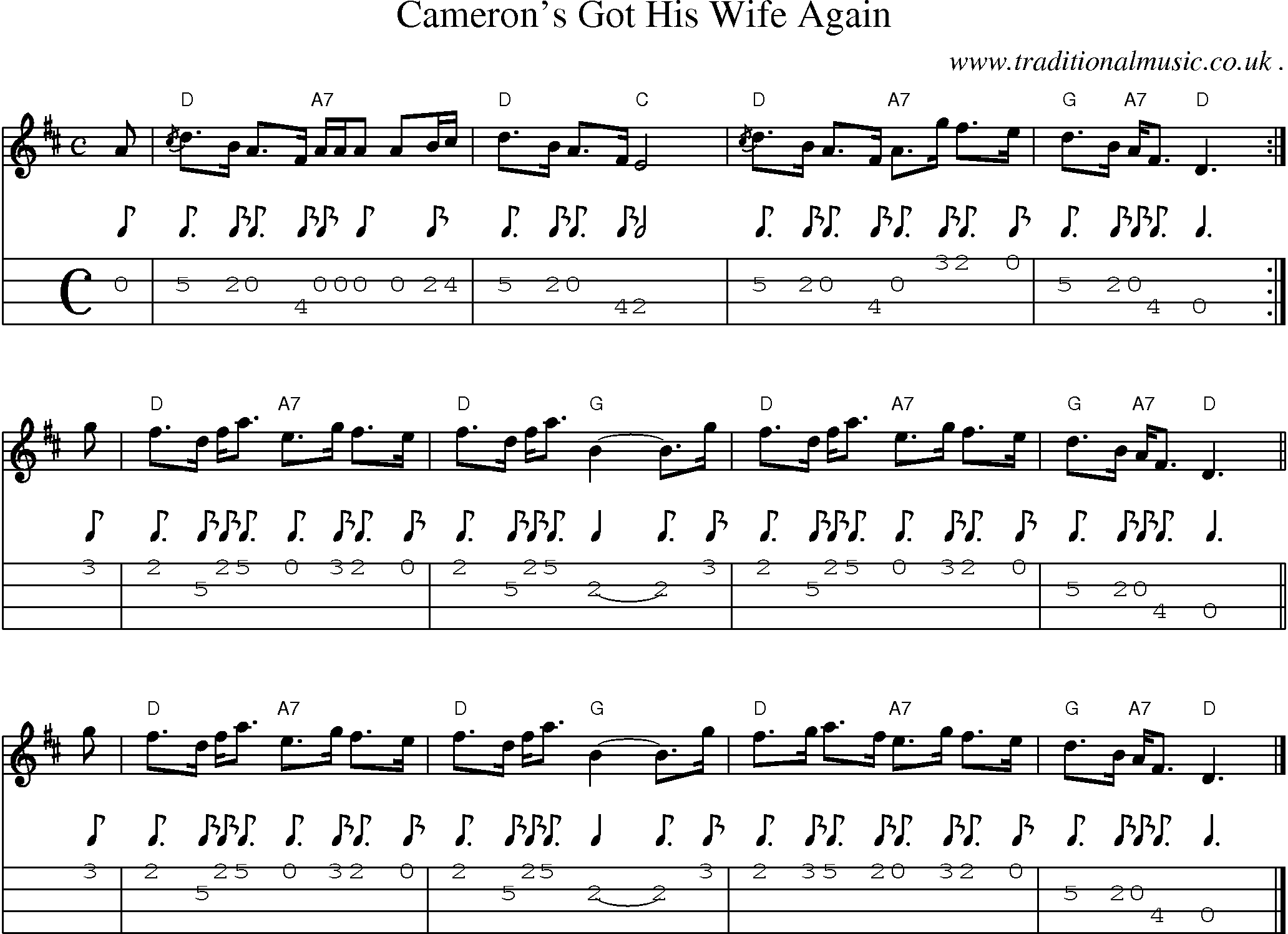 Sheet-music  score, Chords and Mandolin Tabs for Camerons Got His Wife Again