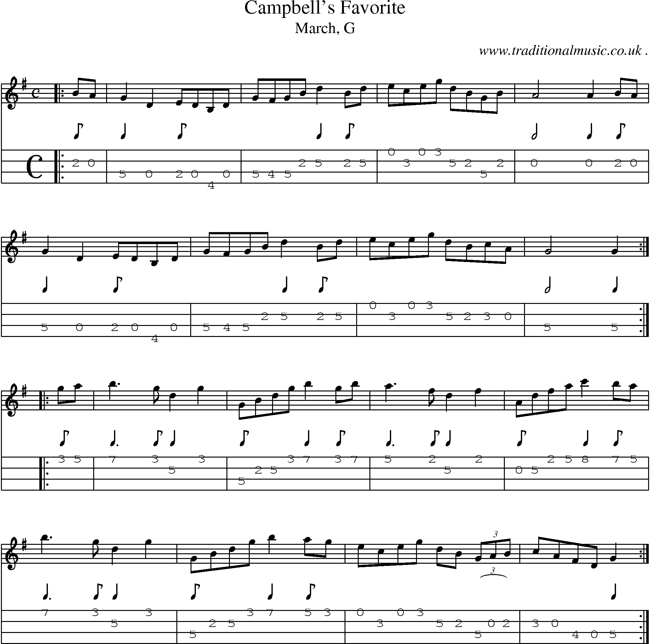 Sheet-music  score, Chords and Mandolin Tabs for Campbells Favorite