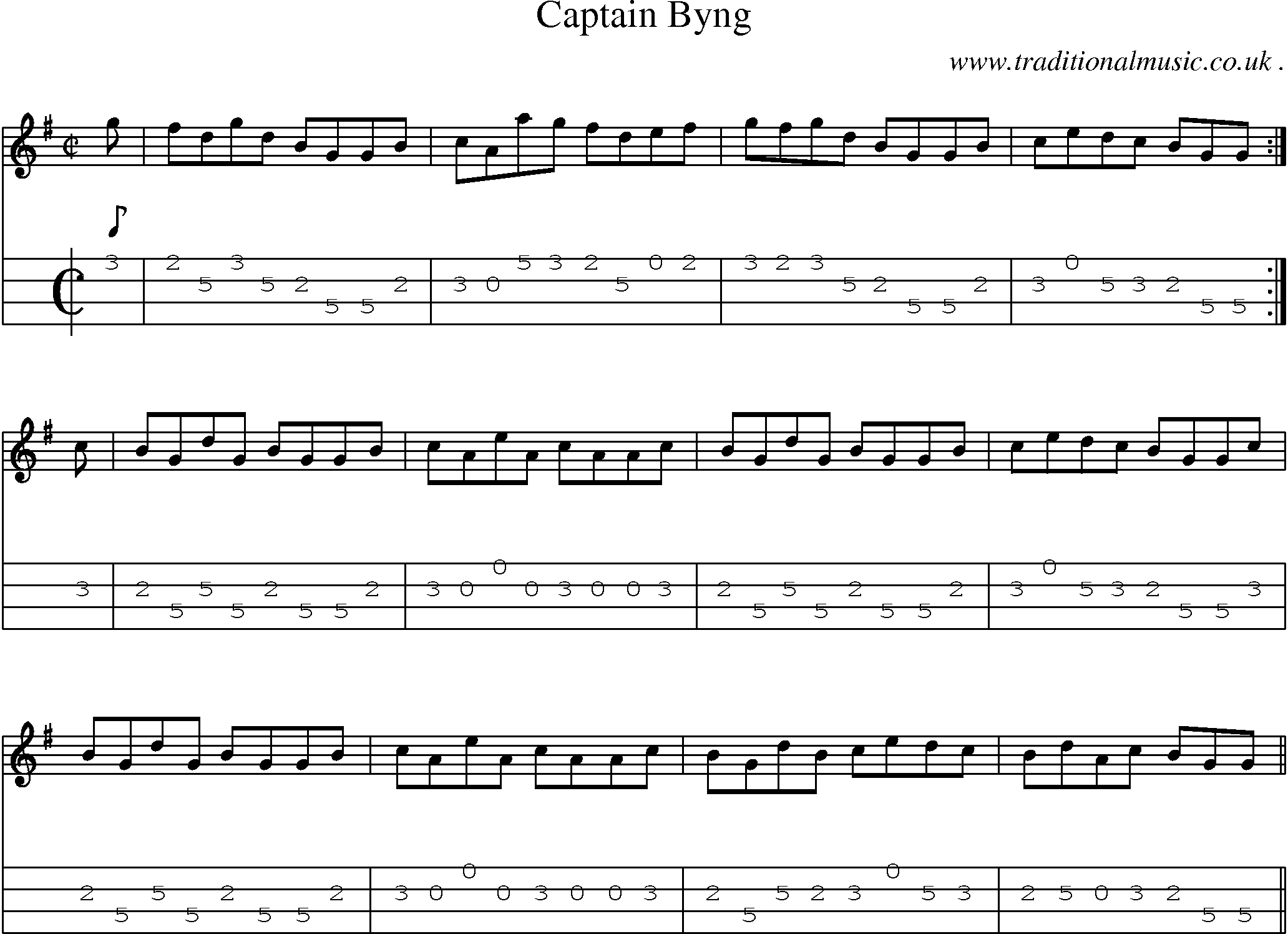 Sheet-music  score, Chords and Mandolin Tabs for Captain Byng