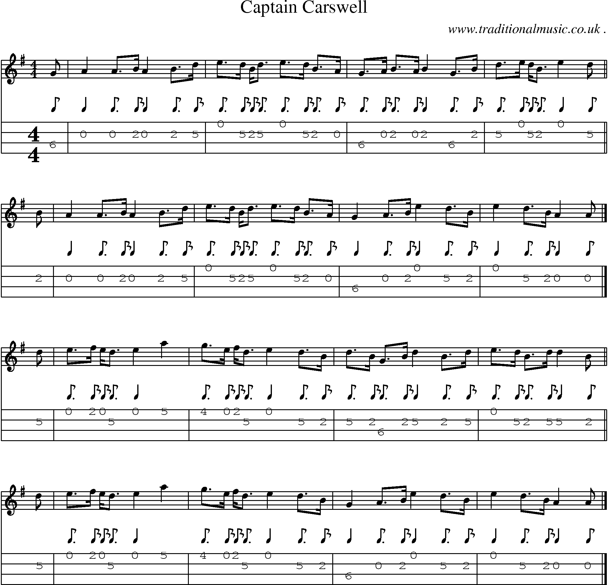 Sheet-music  score, Chords and Mandolin Tabs for Captain Carswell