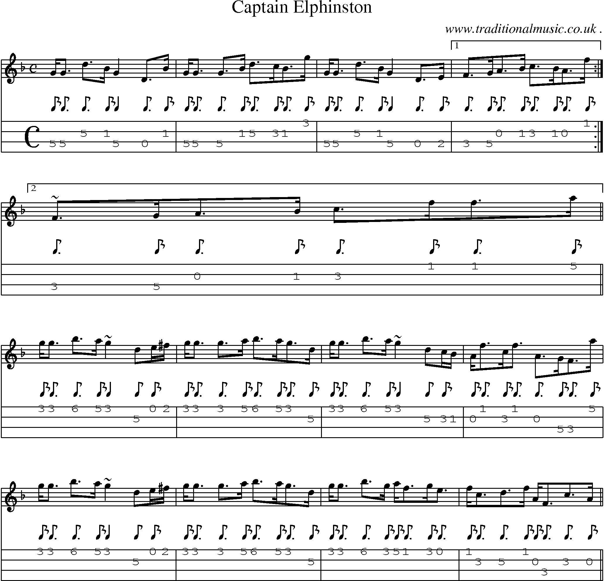 Sheet-music  score, Chords and Mandolin Tabs for Captain Elphinston