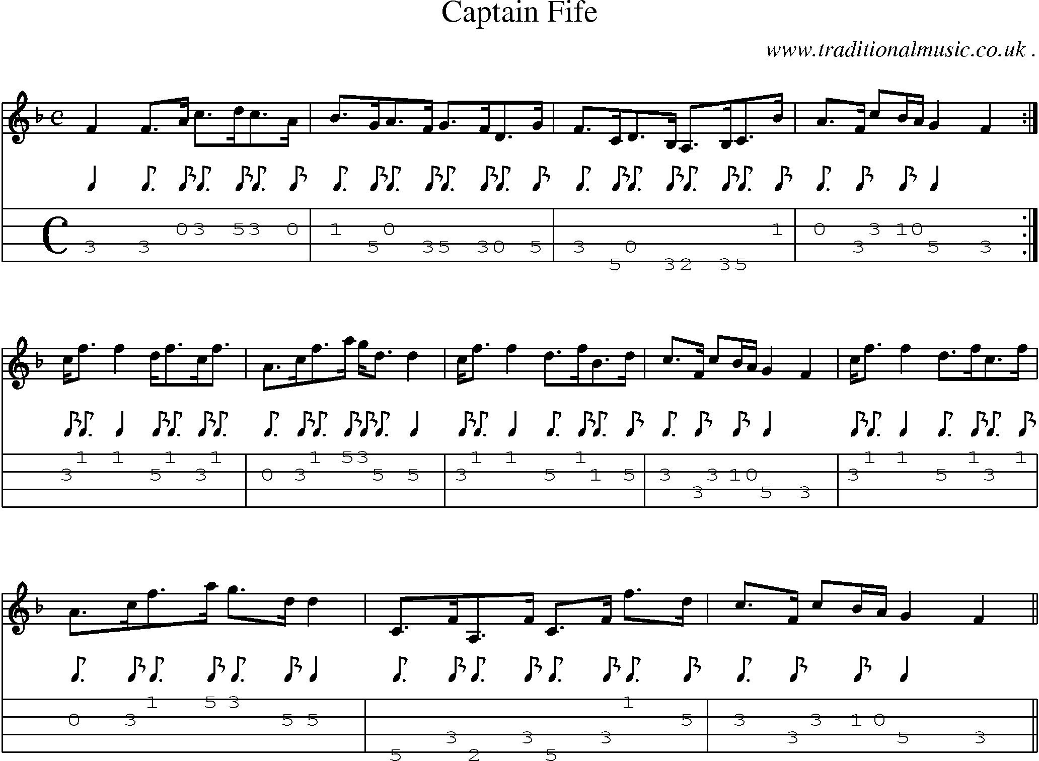 Sheet-music  score, Chords and Mandolin Tabs for Captain Fife