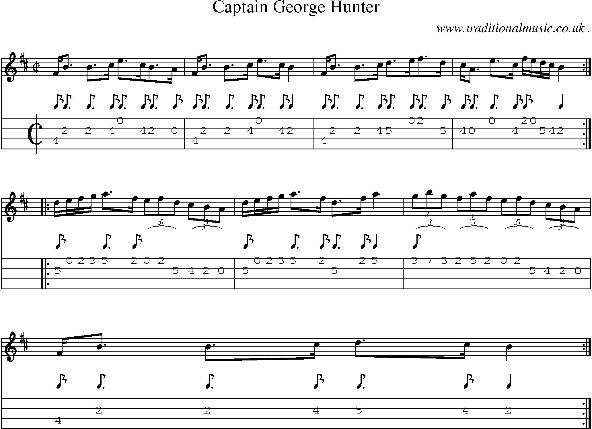 Sheet-music  score, Chords and Mandolin Tabs for Captain George Hunter
