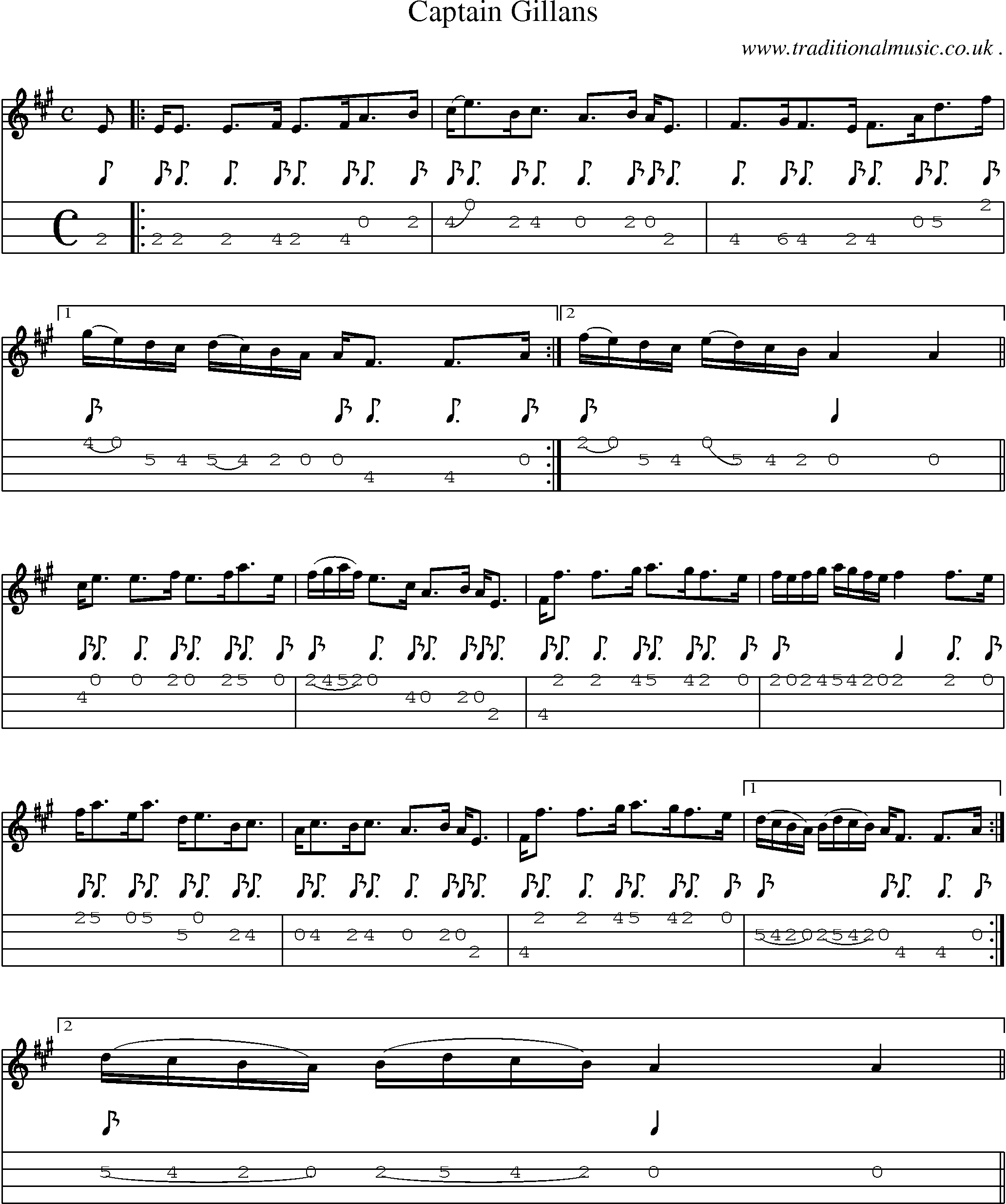 Sheet-music  score, Chords and Mandolin Tabs for Captain Gillans