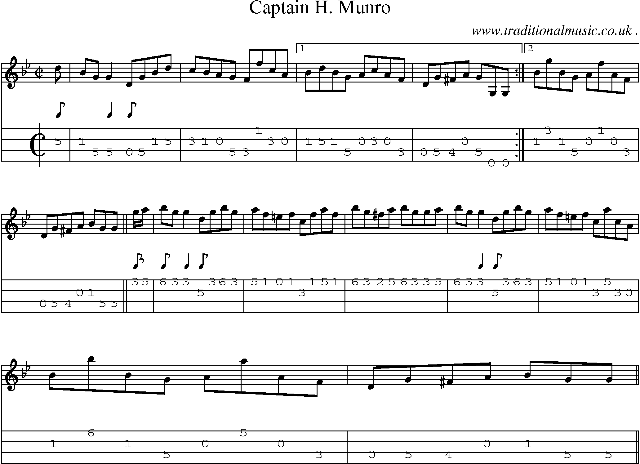 Sheet-music  score, Chords and Mandolin Tabs for Captain H Munro