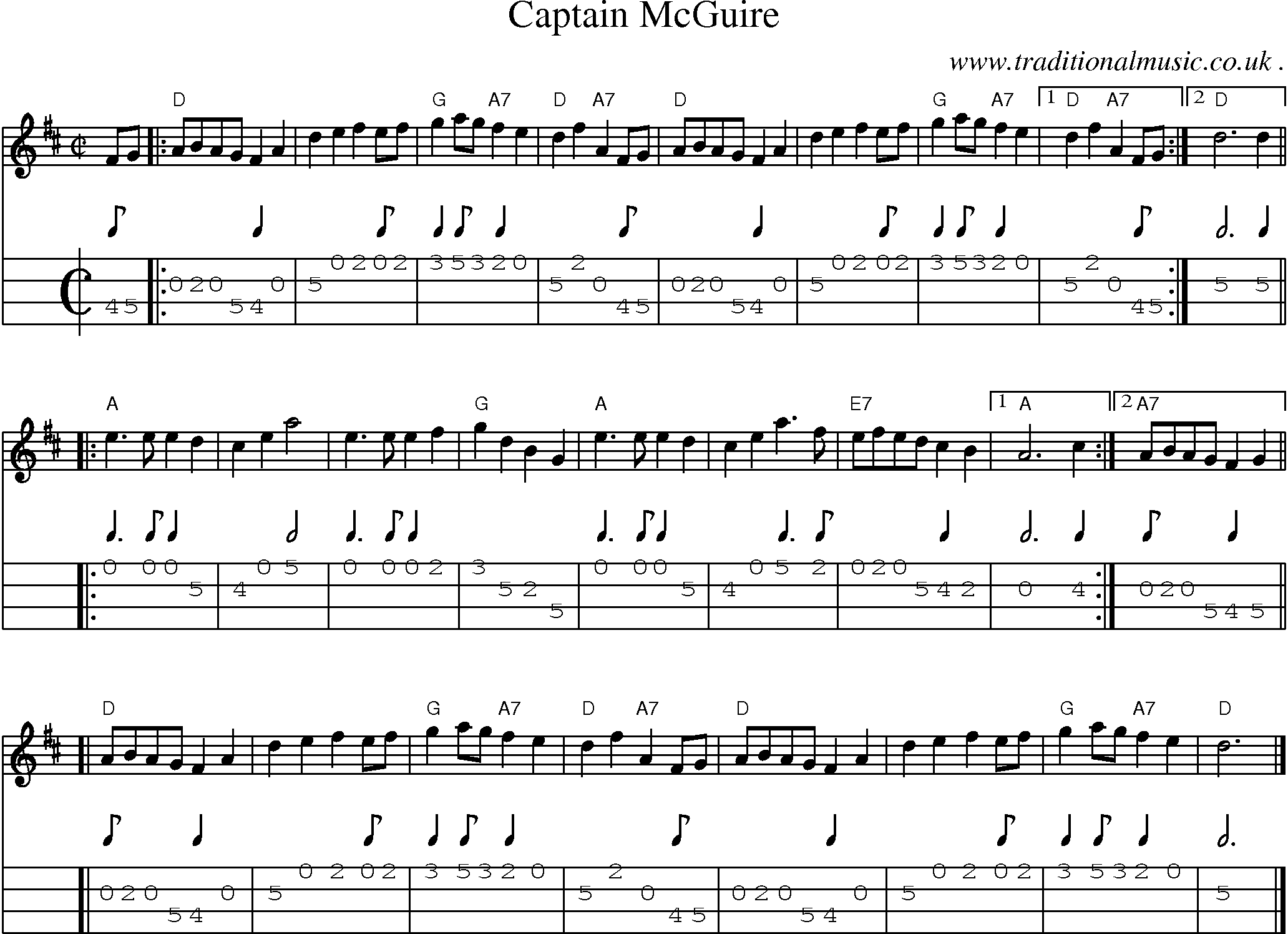 Sheet-music  score, Chords and Mandolin Tabs for Captain Mcguire