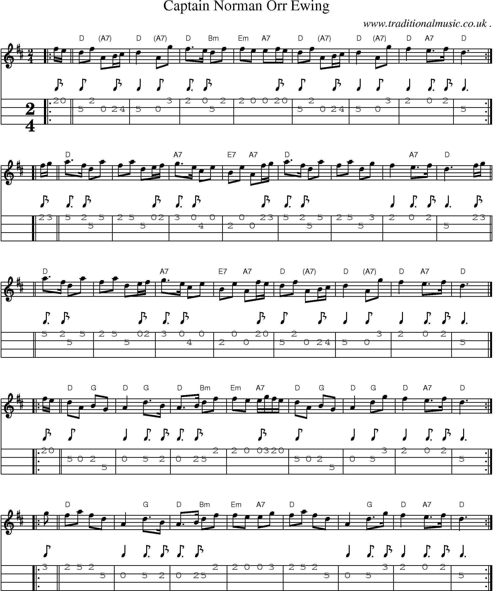 Sheet-music  score, Chords and Mandolin Tabs for Captain Norman Orr Ewing