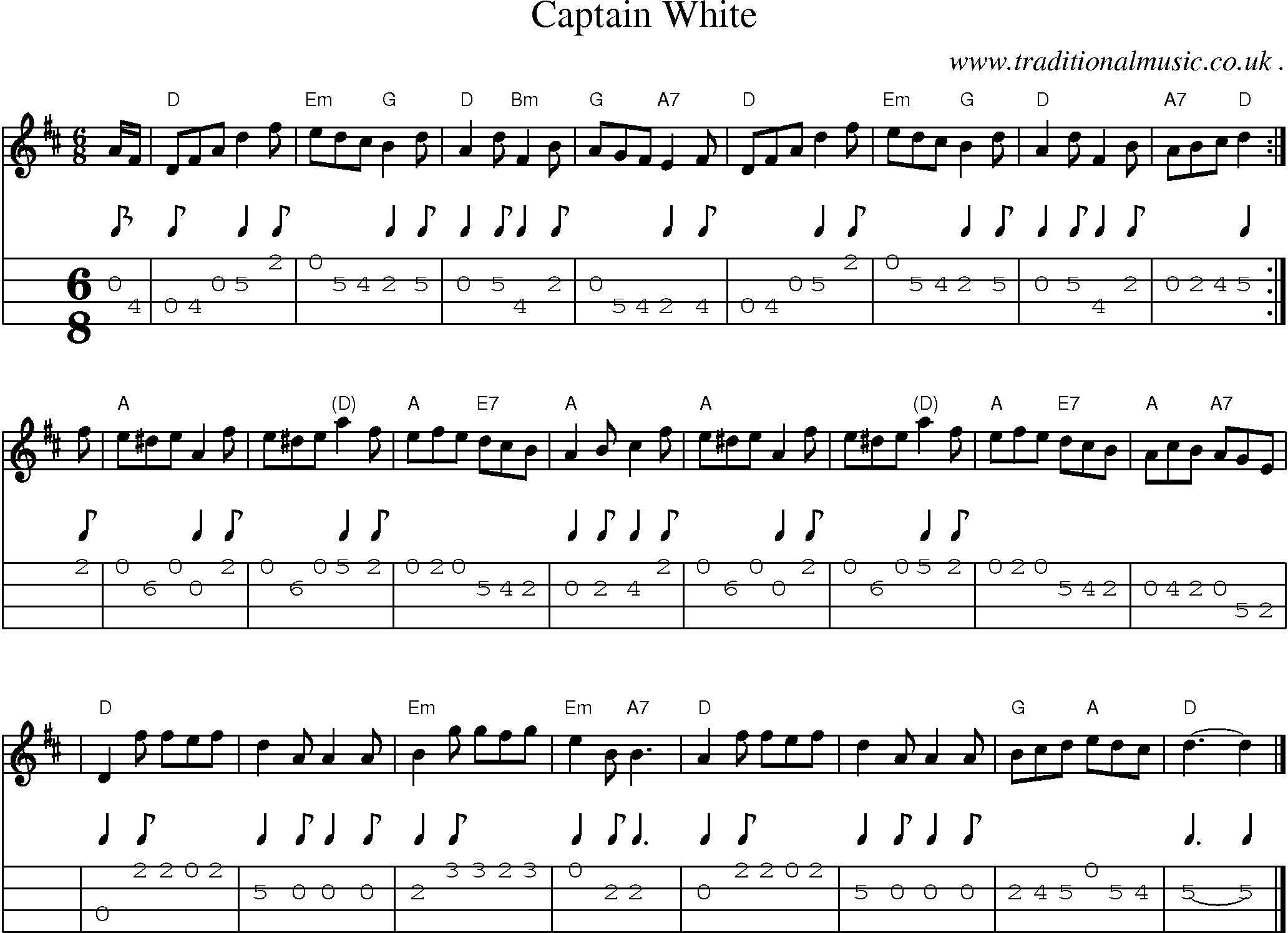 Sheet-music  score, Chords and Mandolin Tabs for Captain White