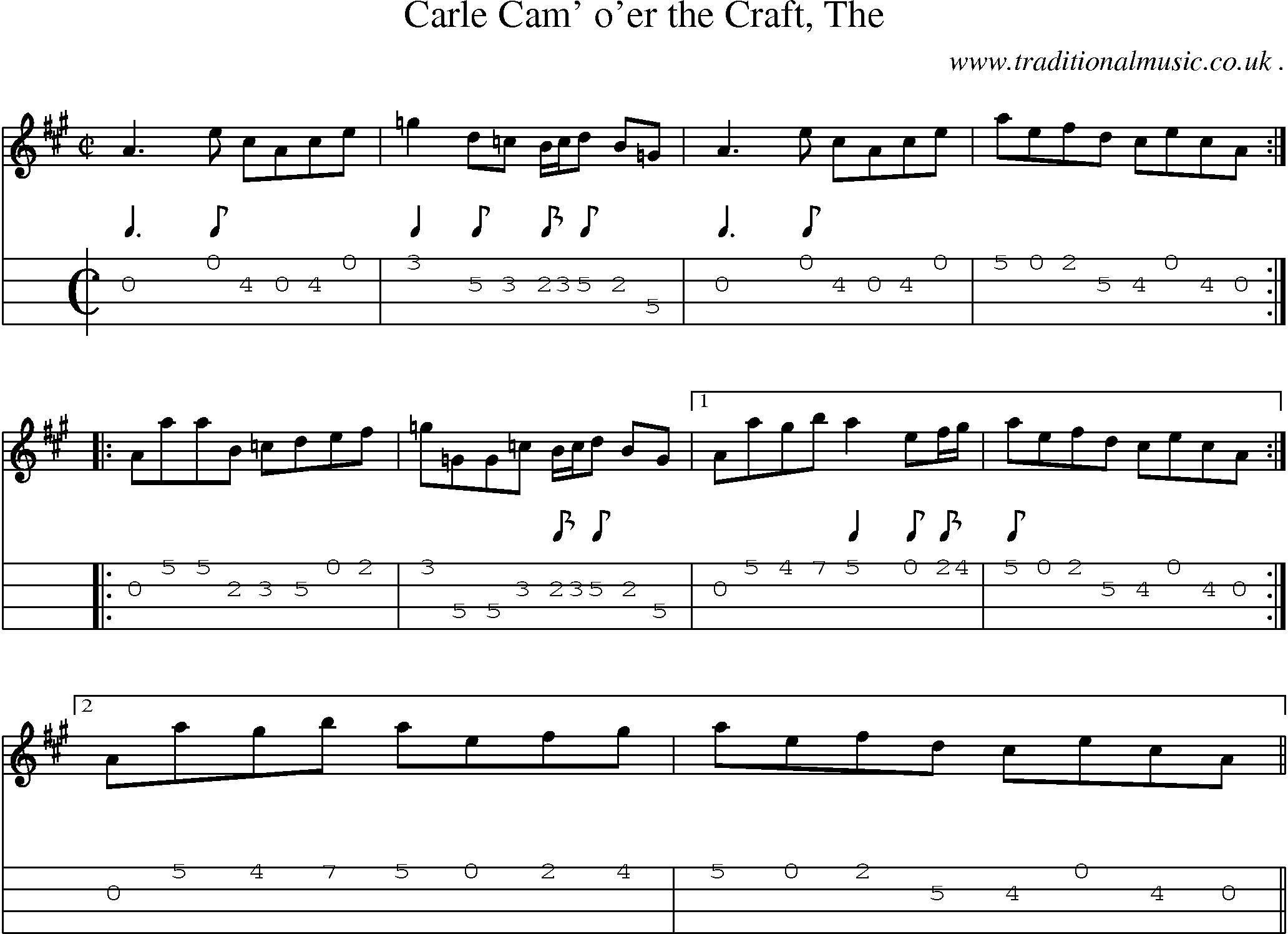 Sheet-music  score, Chords and Mandolin Tabs for Carle Cam Oer The Craft The