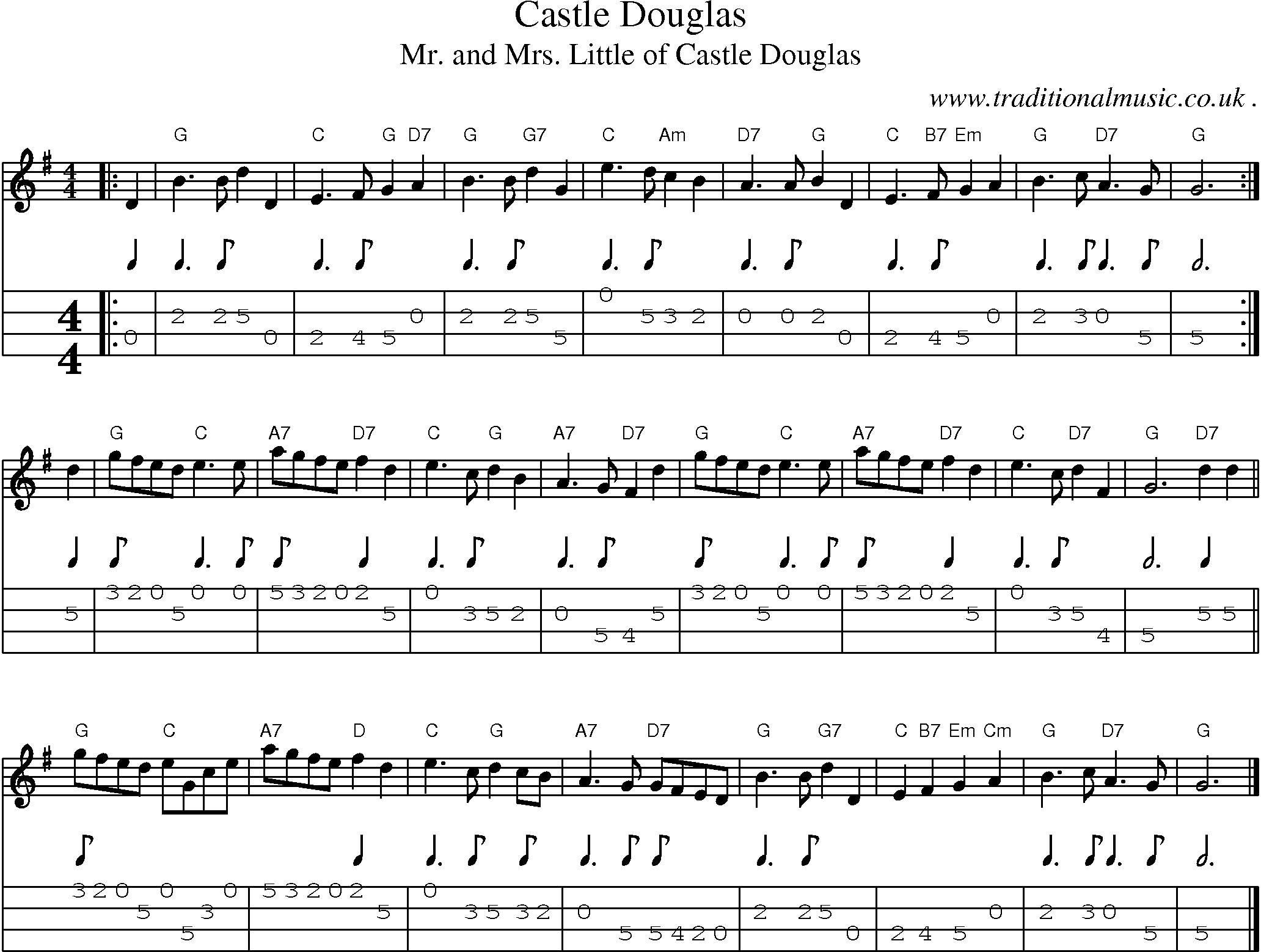 Sheet-music  score, Chords and Mandolin Tabs for Castle Douglas