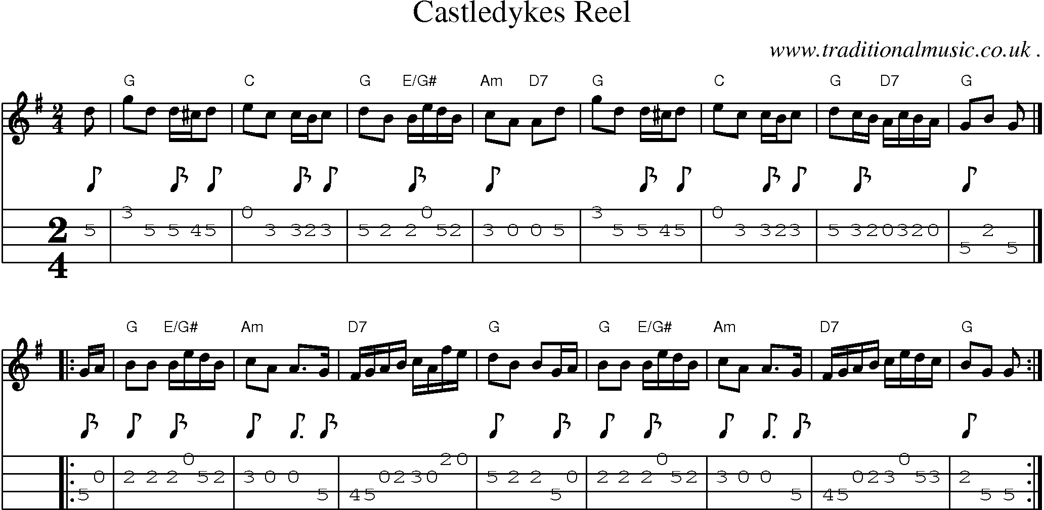Sheet-music  score, Chords and Mandolin Tabs for Castledykes Reel