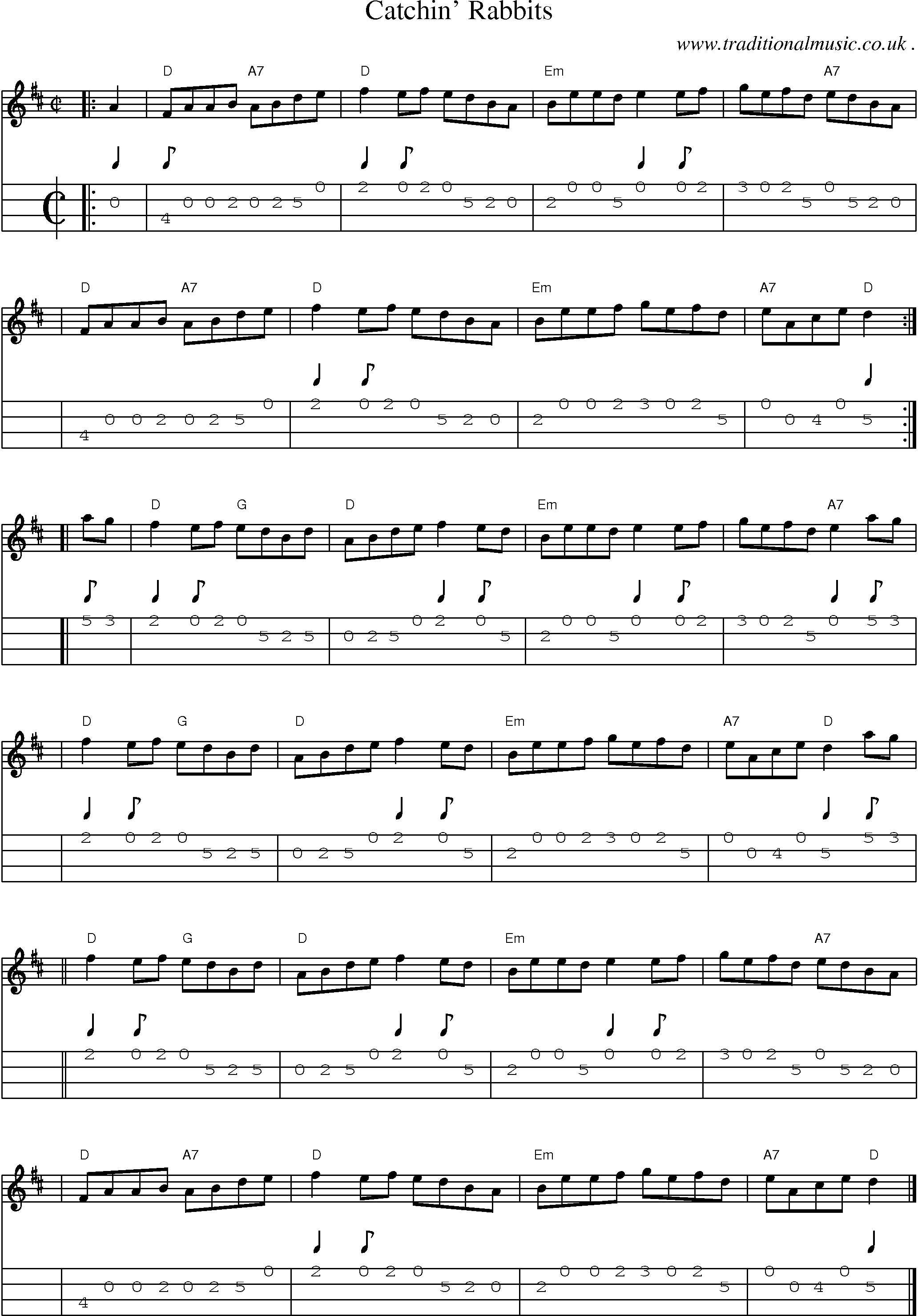 Sheet-music  score, Chords and Mandolin Tabs for Catchin Rabbits