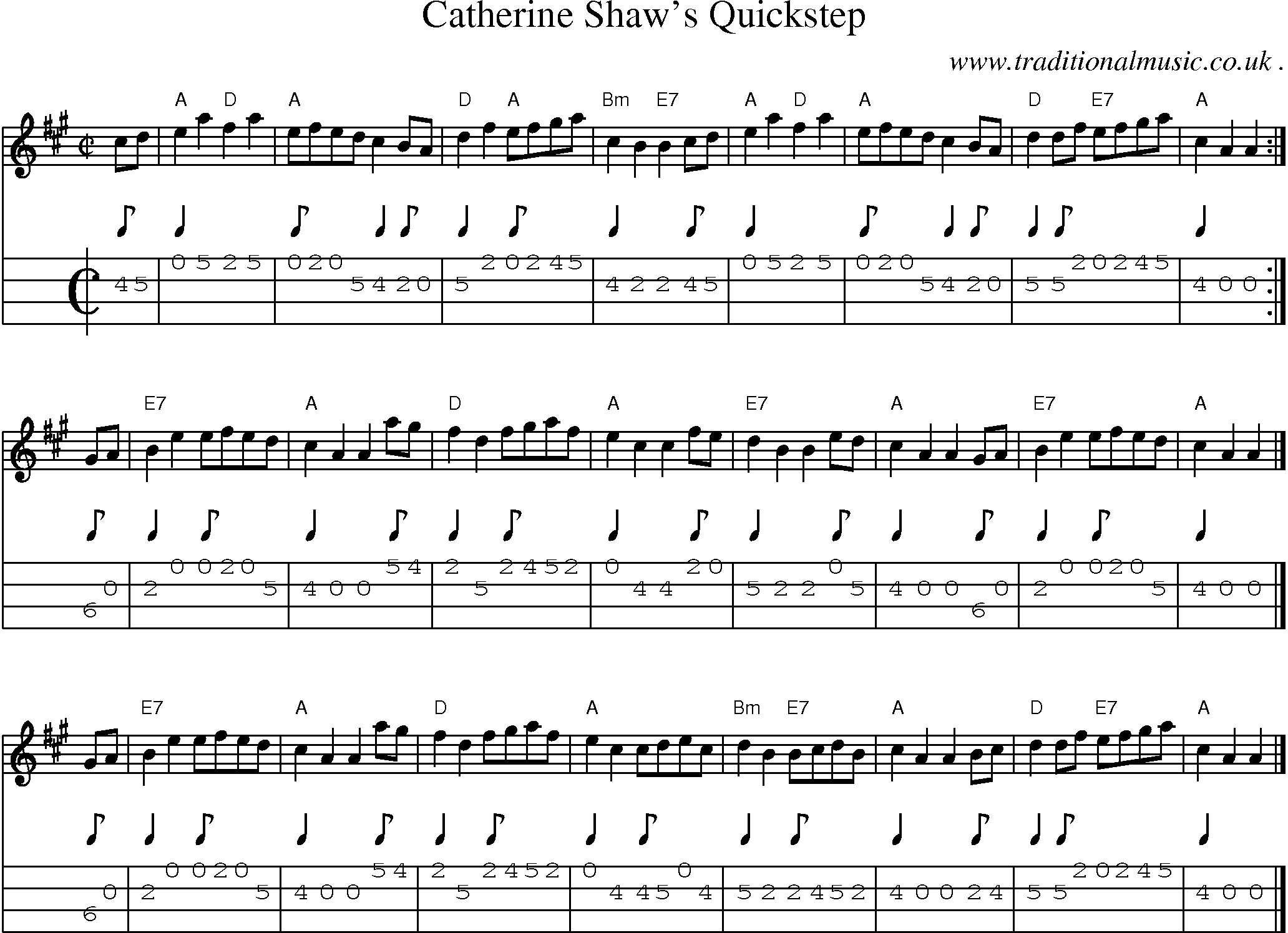 Sheet-music  score, Chords and Mandolin Tabs for Catherine Shaws Quickstep