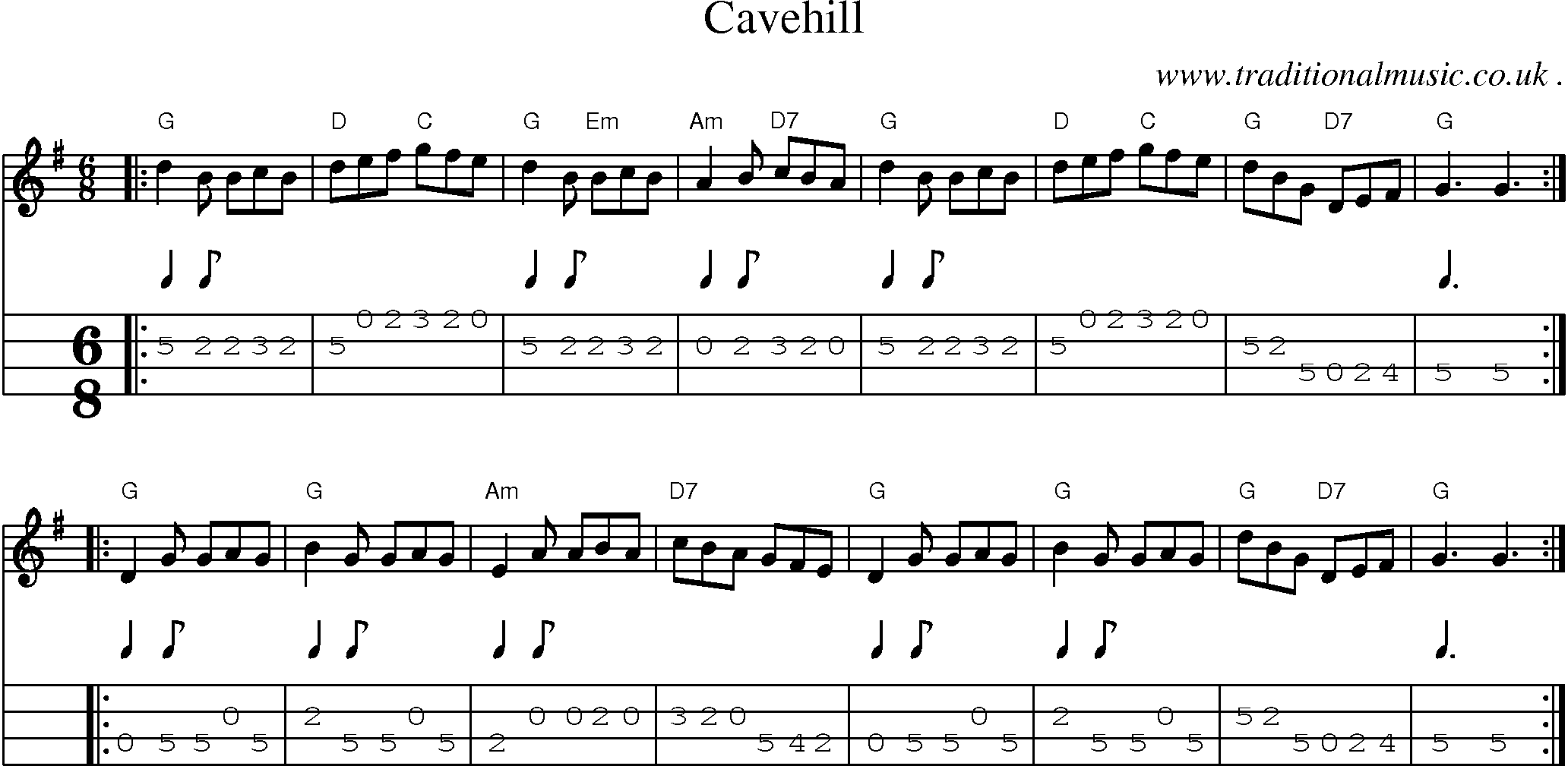 Sheet-music  score, Chords and Mandolin Tabs for Cavehill