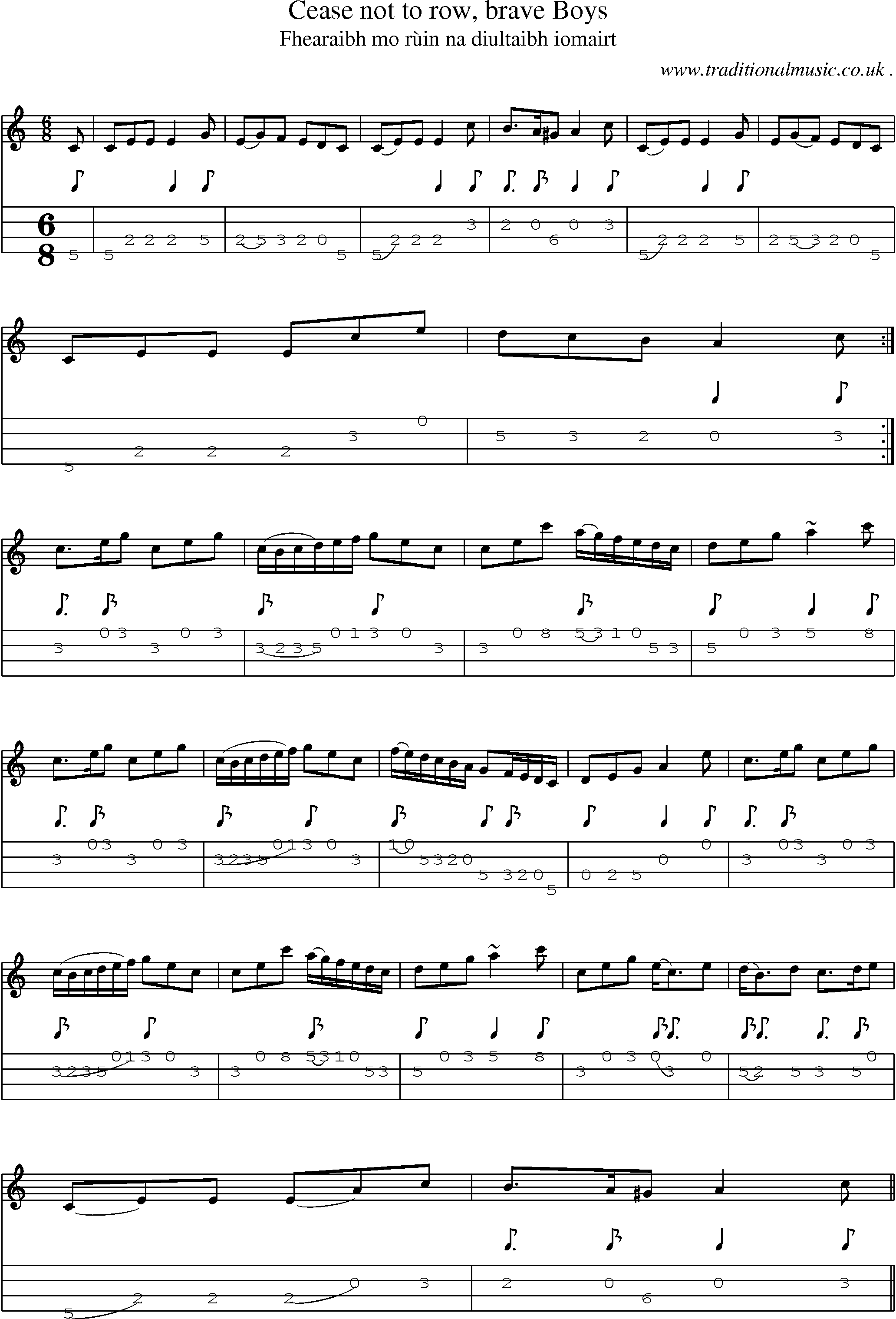 Sheet-music  score, Chords and Mandolin Tabs for Cease Not To Row Brave Boys