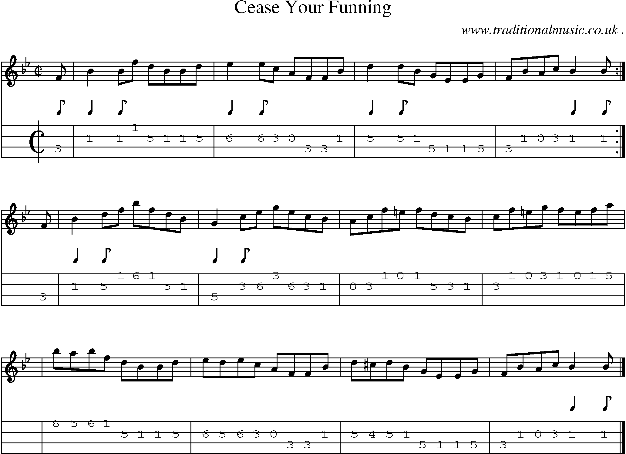 Sheet-music  score, Chords and Mandolin Tabs for Cease Your Funning