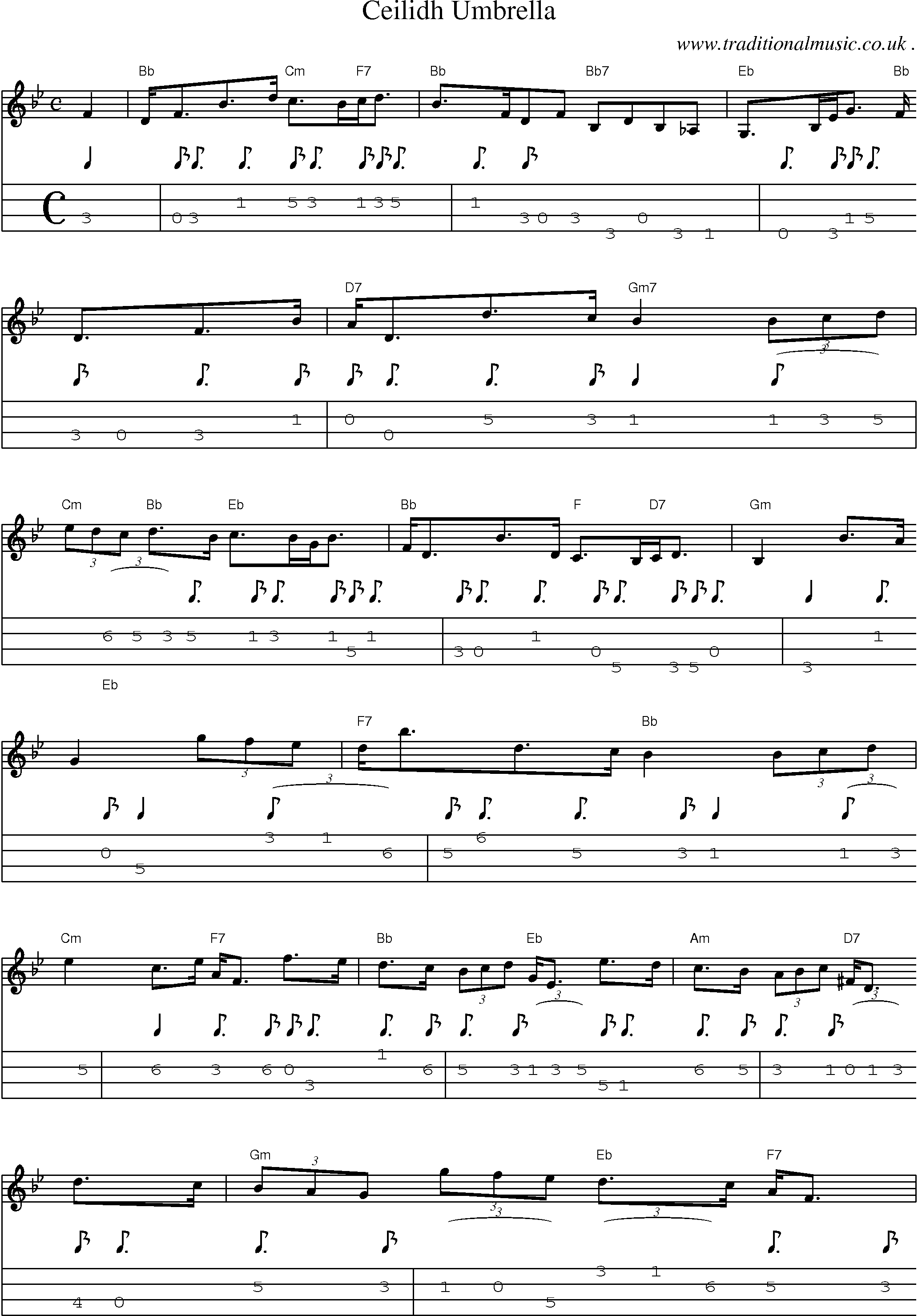 Sheet-music  score, Chords and Mandolin Tabs for Ceilidh Umbrella