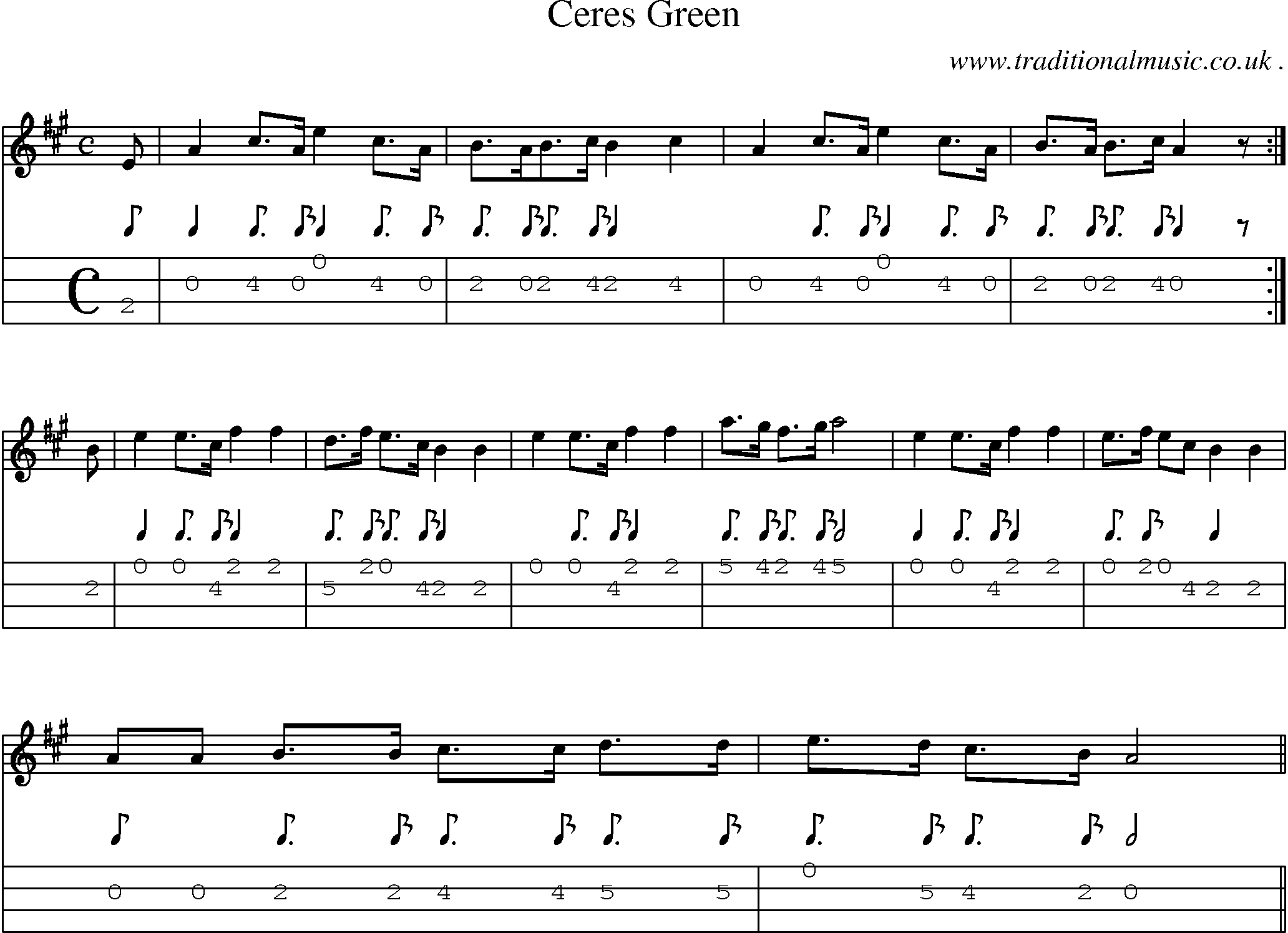 Sheet-music  score, Chords and Mandolin Tabs for Ceres Green