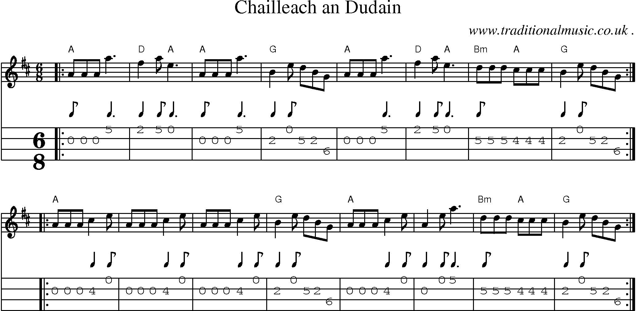Sheet-music  score, Chords and Mandolin Tabs for Chailleach An Dudain