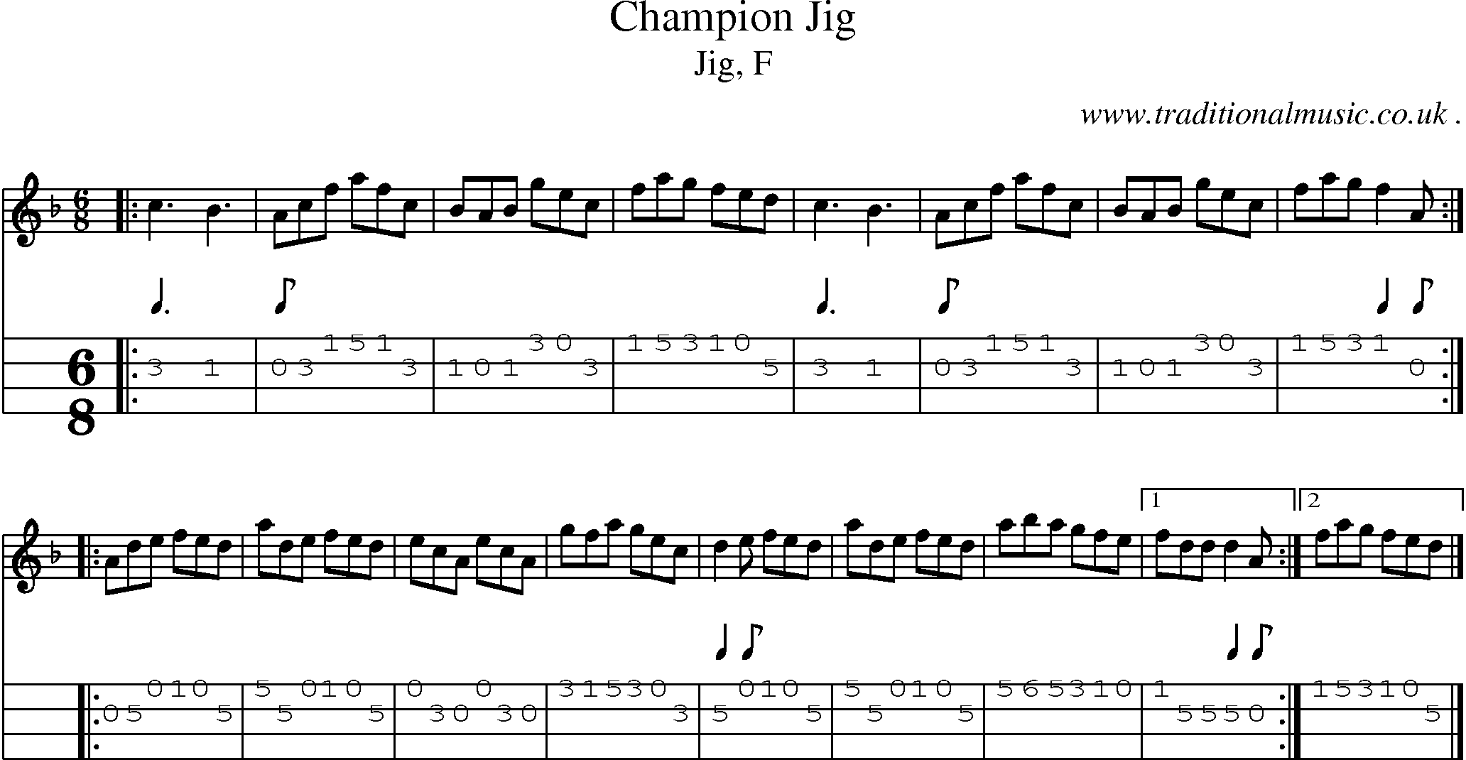 Sheet-music  score, Chords and Mandolin Tabs for Champion Jig