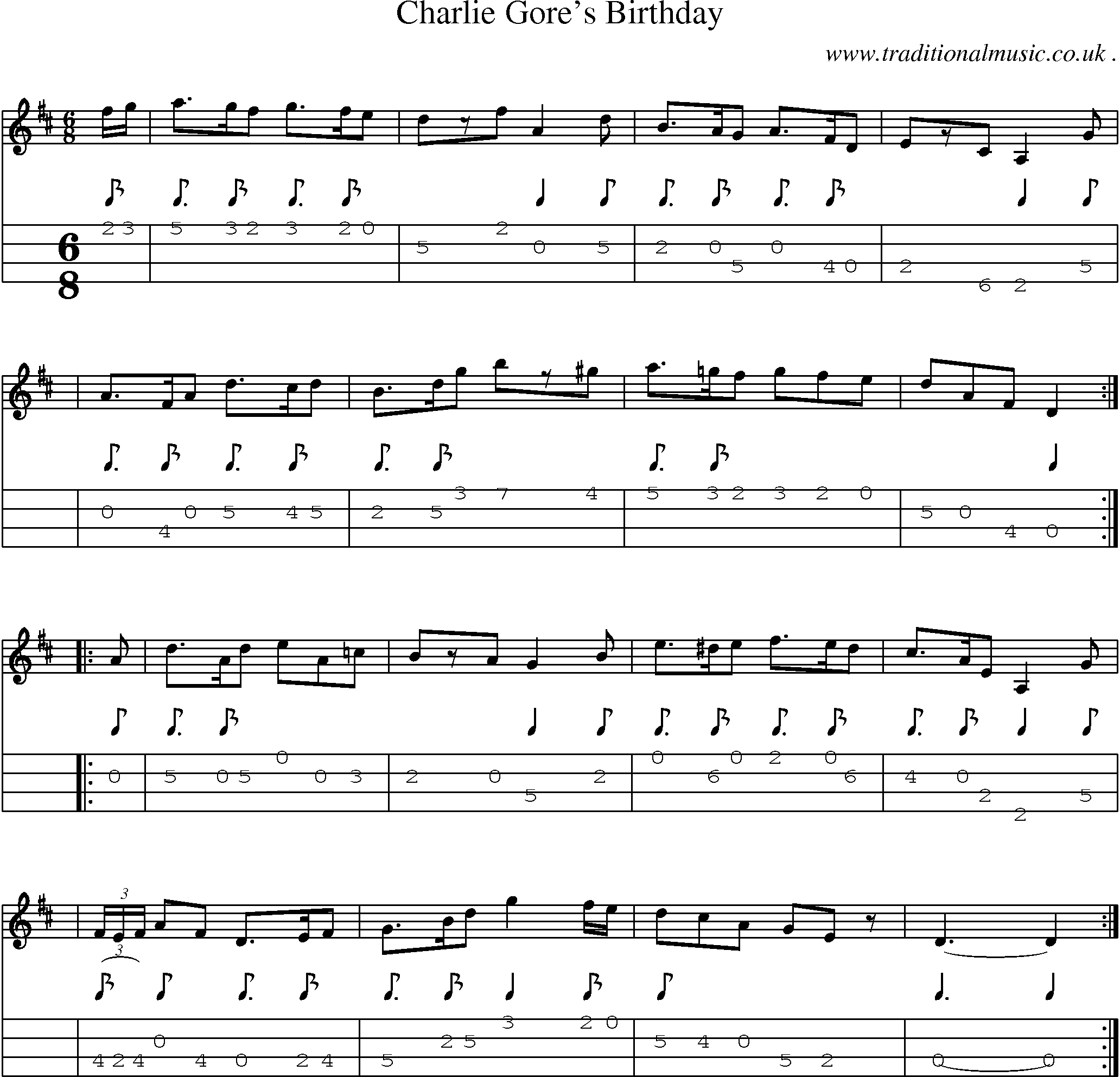 Sheet-music  score, Chords and Mandolin Tabs for Charlie Gores Birthday