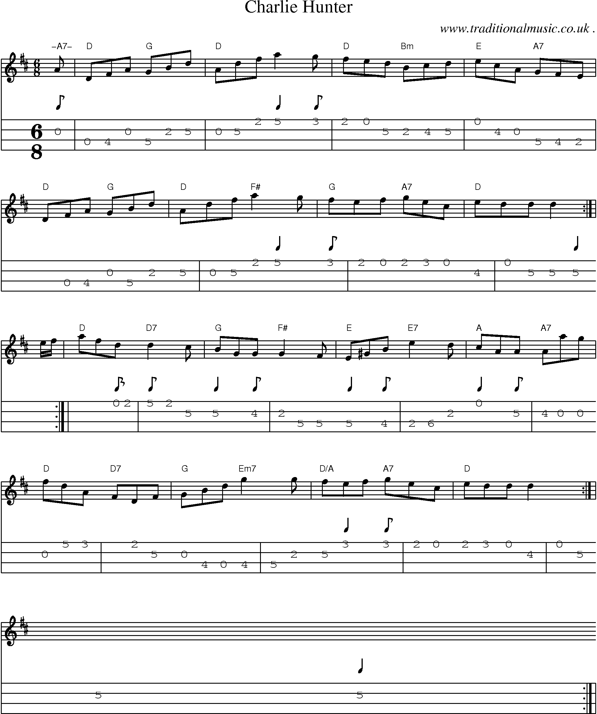 Sheet-music  score, Chords and Mandolin Tabs for Charlie Hunter