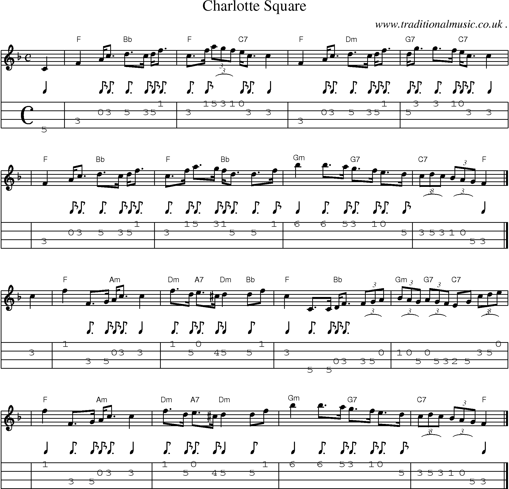 Sheet-music  score, Chords and Mandolin Tabs for Charlotte Square