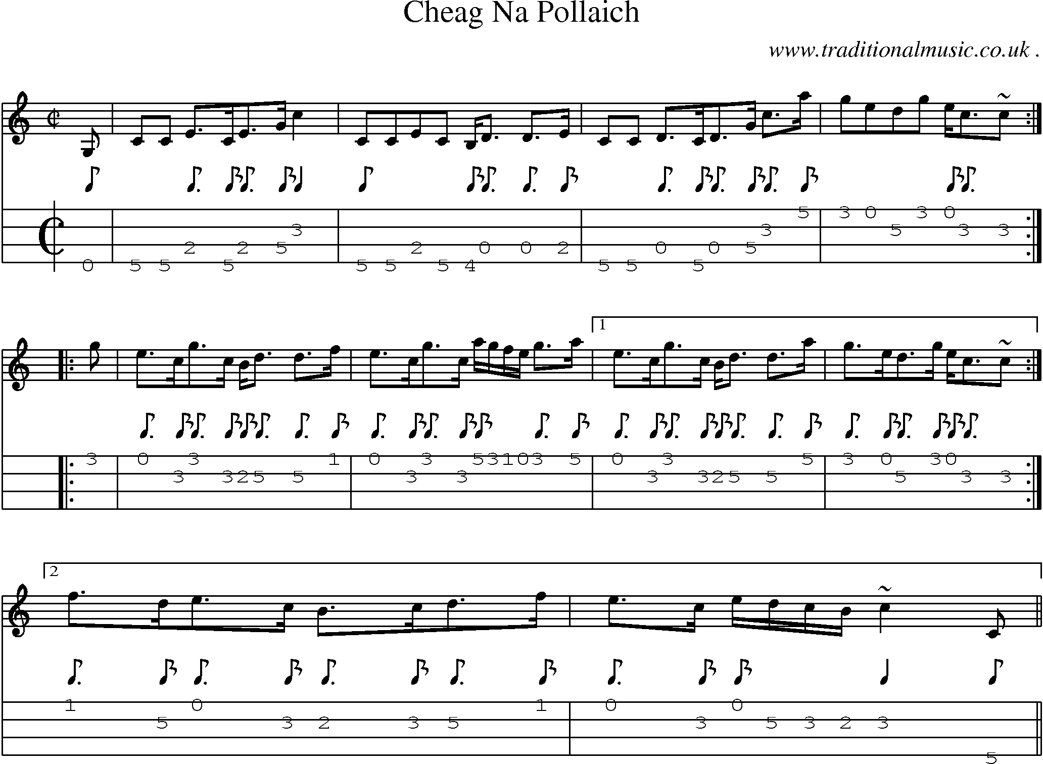 Sheet-music  score, Chords and Mandolin Tabs for Cheag Na Pollaich