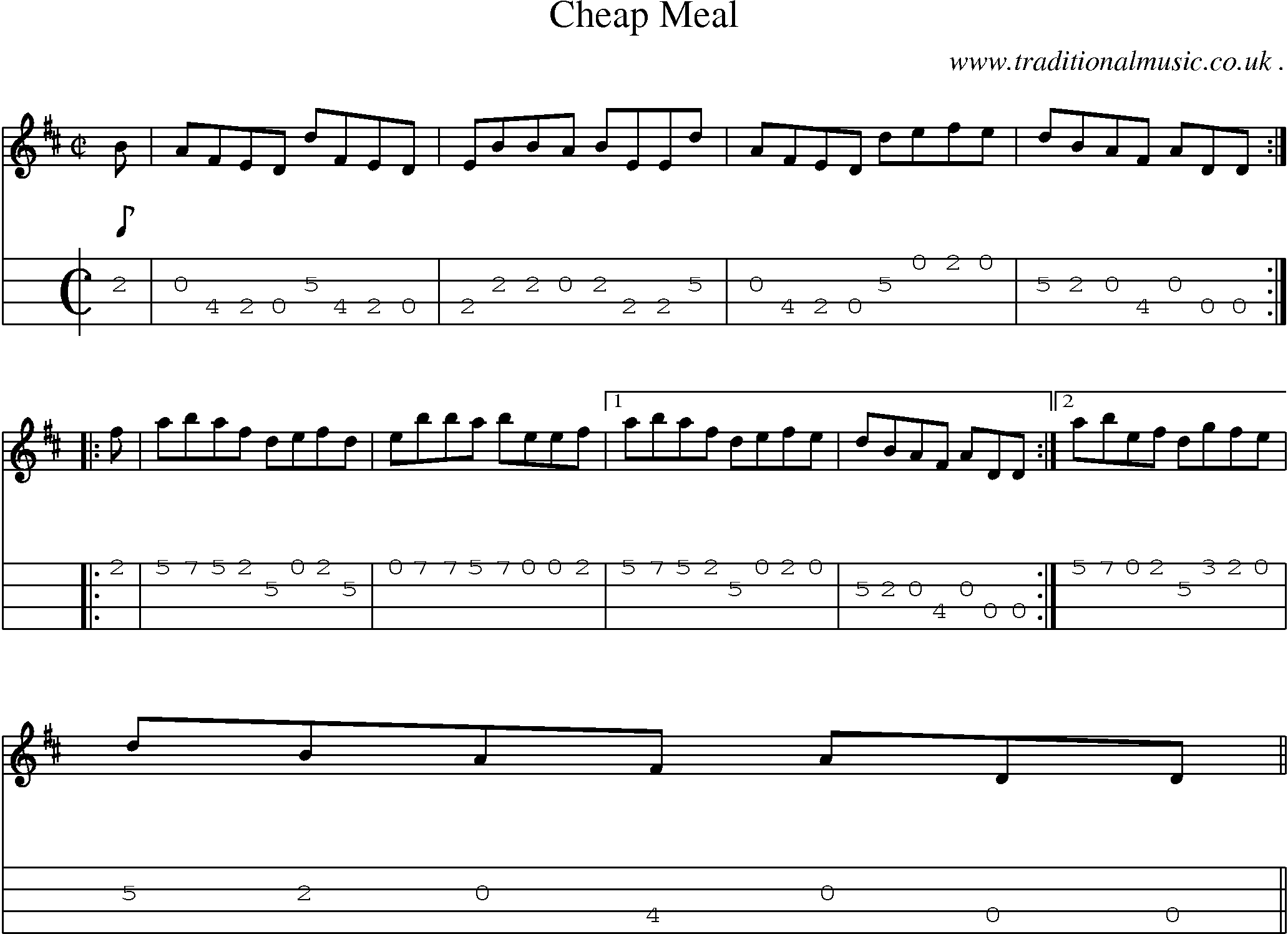 Sheet-music  score, Chords and Mandolin Tabs for Cheap Meal