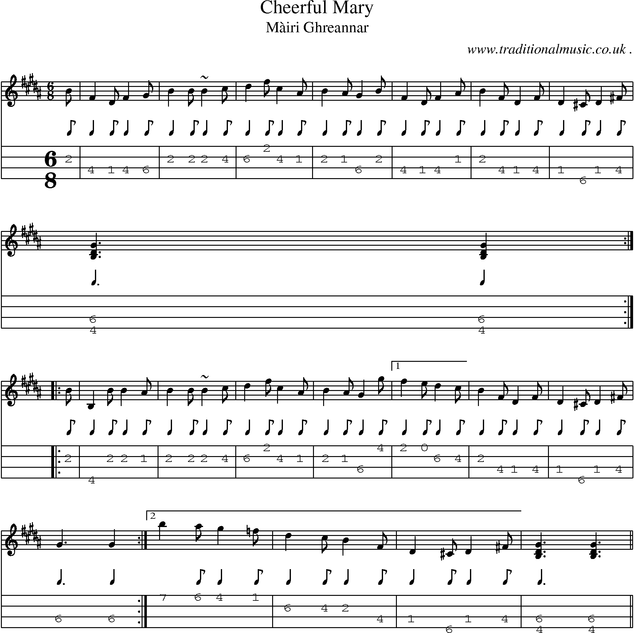 Sheet-music  score, Chords and Mandolin Tabs for Cheerful Mary