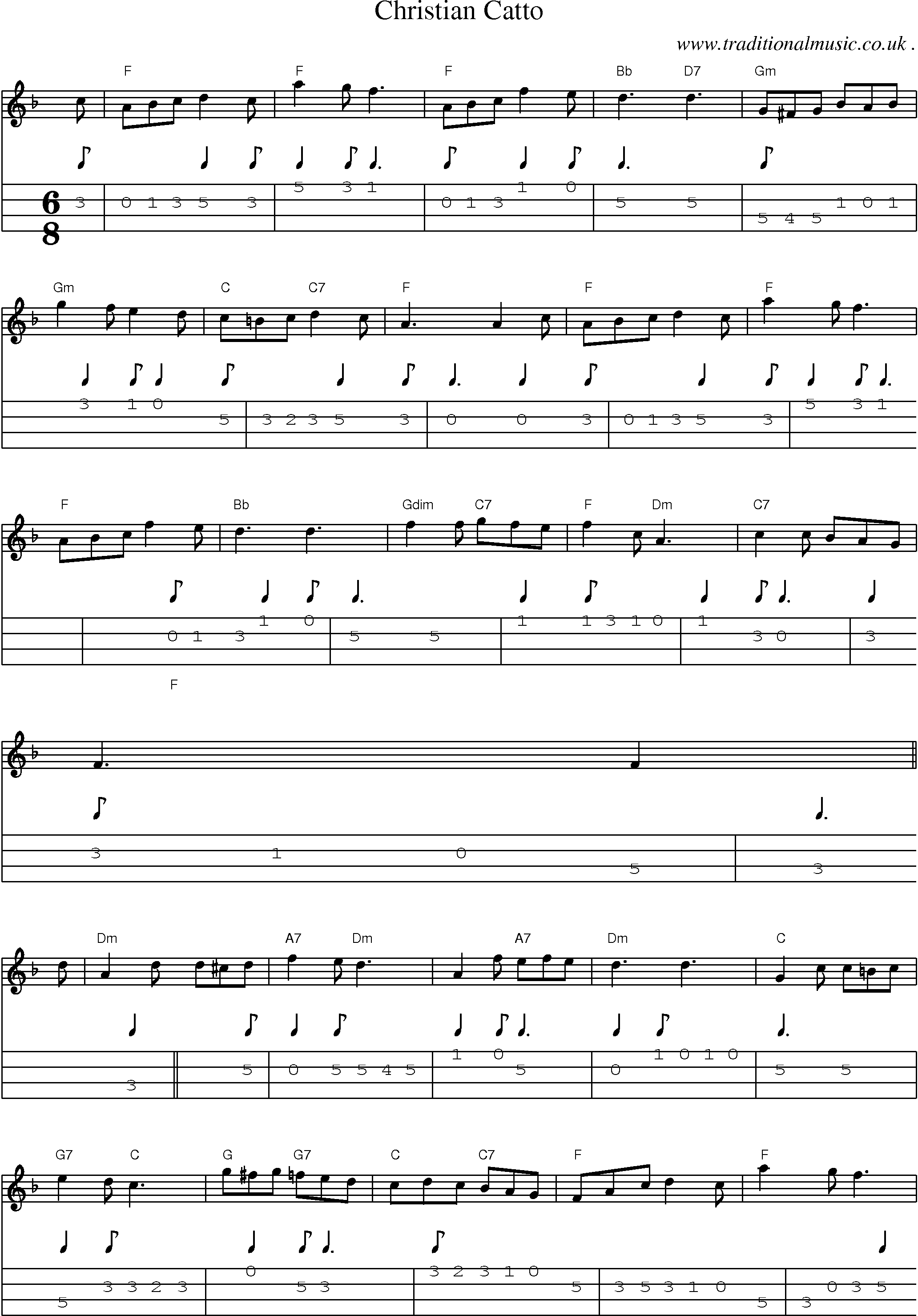 Sheet-music  score, Chords and Mandolin Tabs for Christian Catto