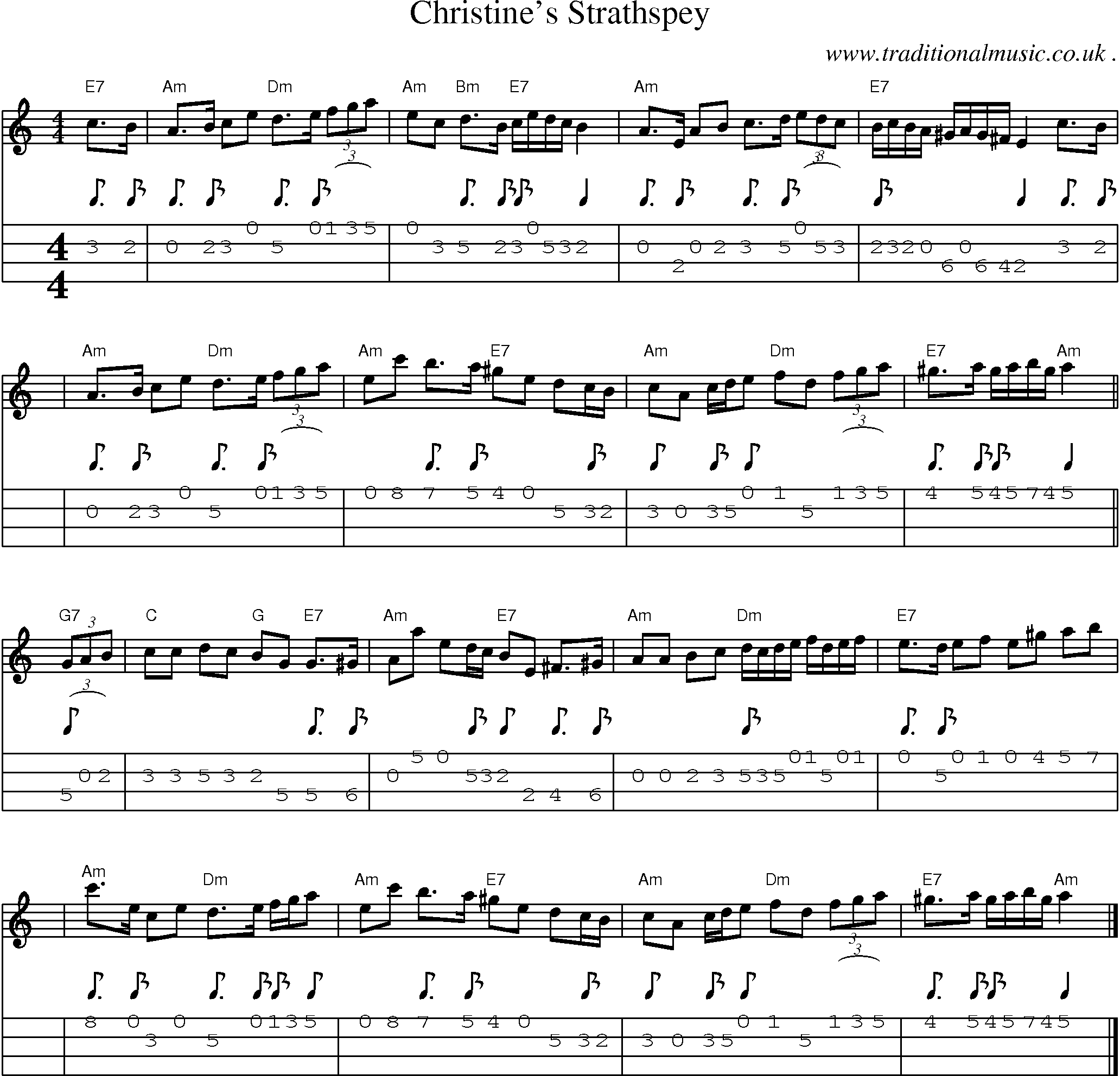 Sheet-music  score, Chords and Mandolin Tabs for Christines Strathspey