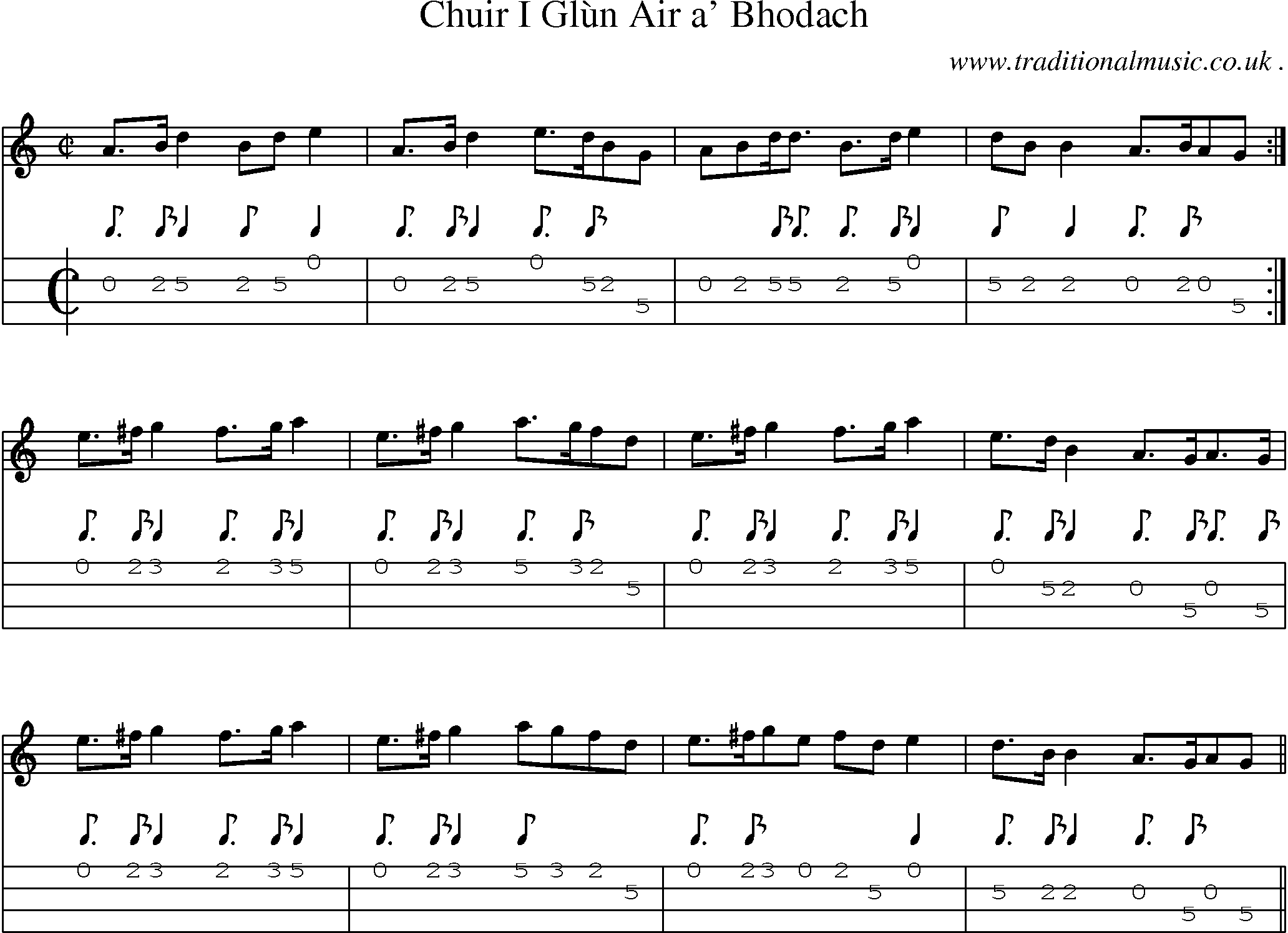 Sheet-music  score, Chords and Mandolin Tabs for Chuir I Glun Air A Bhodach
