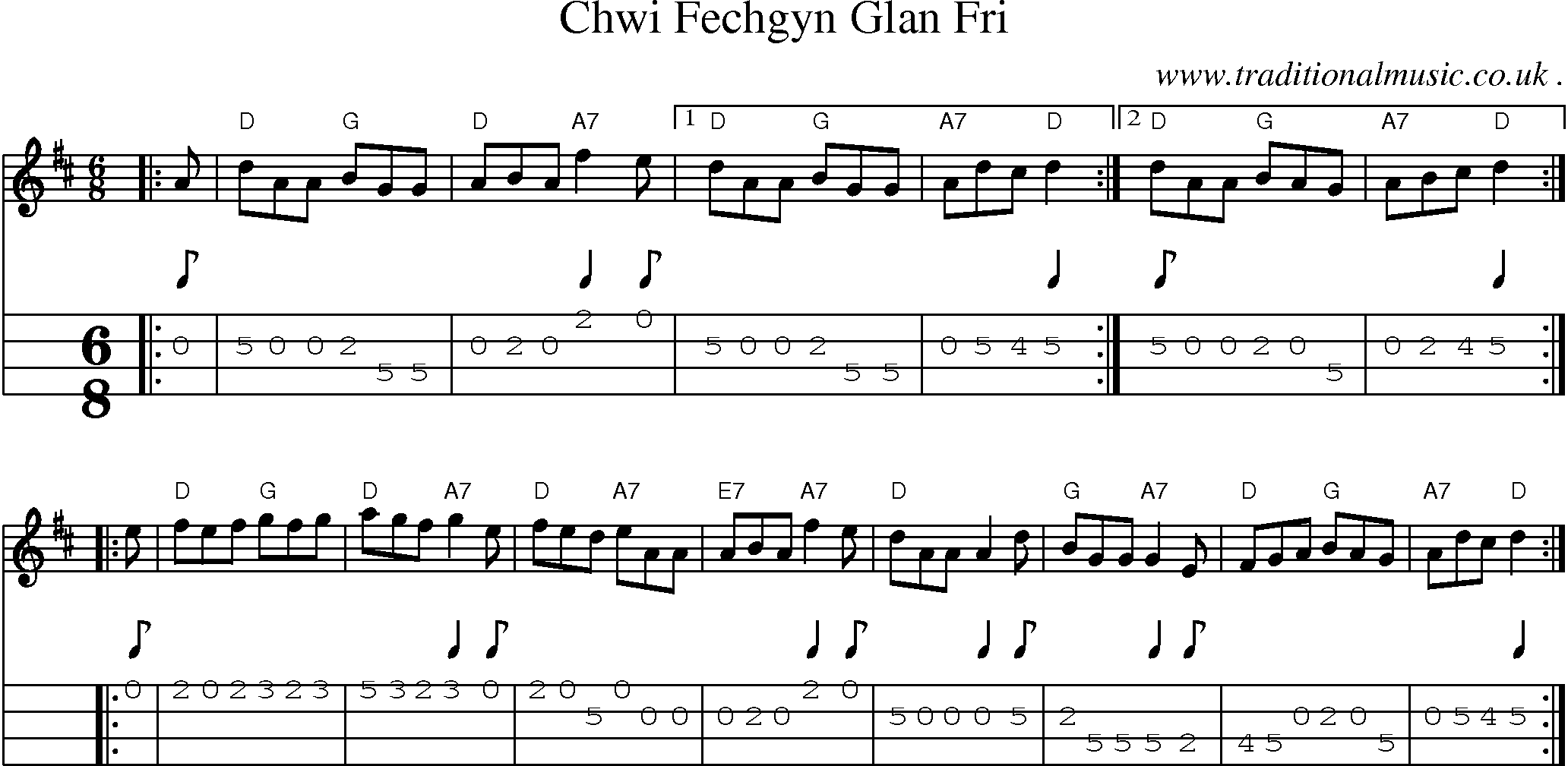 Sheet-music  score, Chords and Mandolin Tabs for Chwi Fechgyn Glan Fri