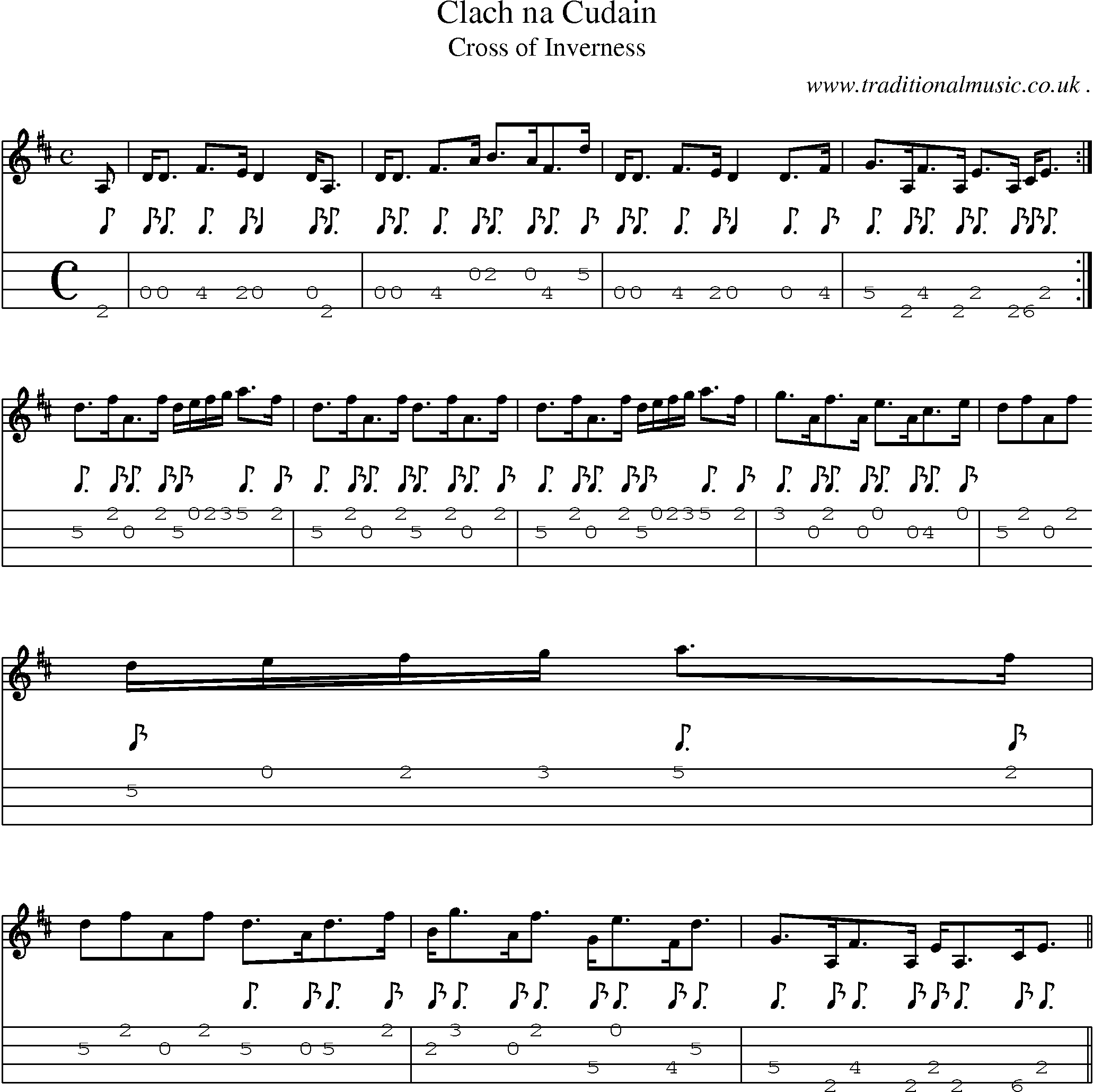 Sheet-music  score, Chords and Mandolin Tabs for Clach Na Cudain1