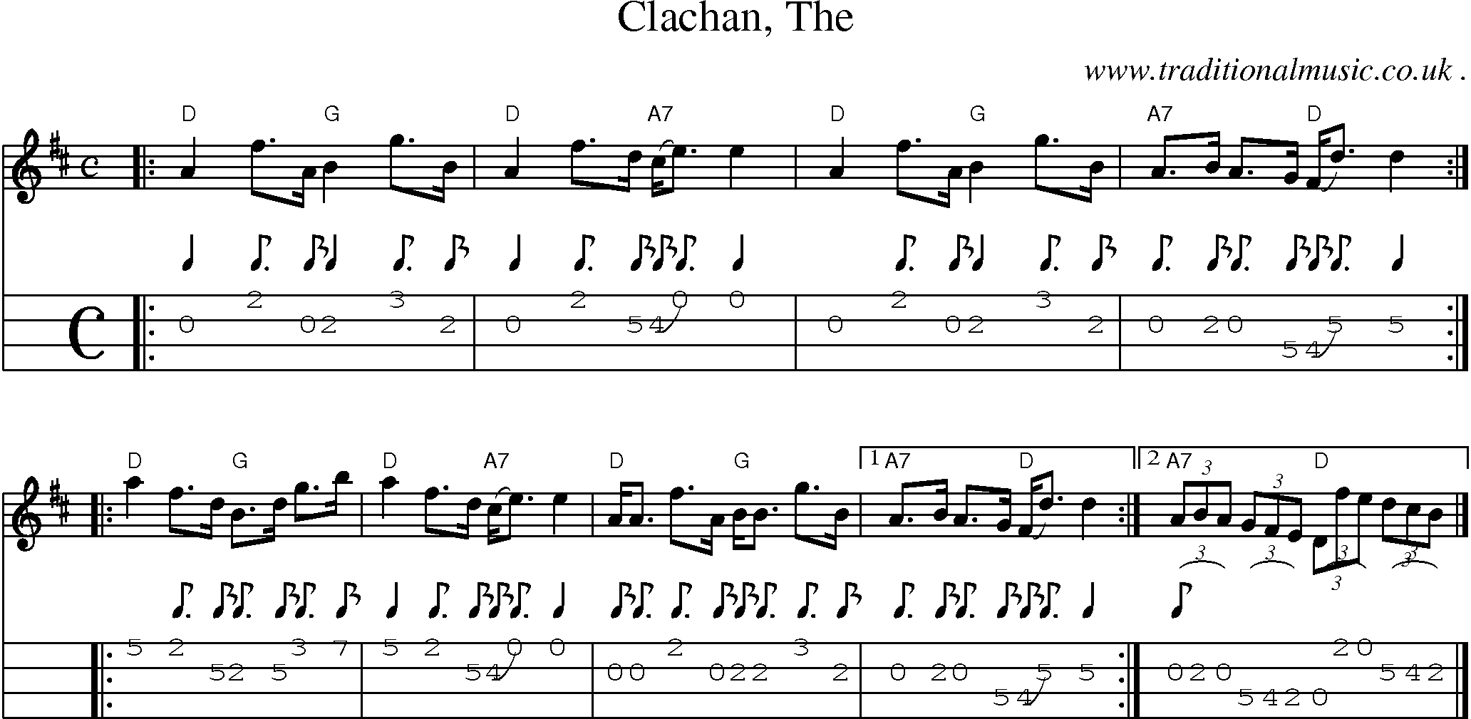 Sheet-music  score, Chords and Mandolin Tabs for Clachan The