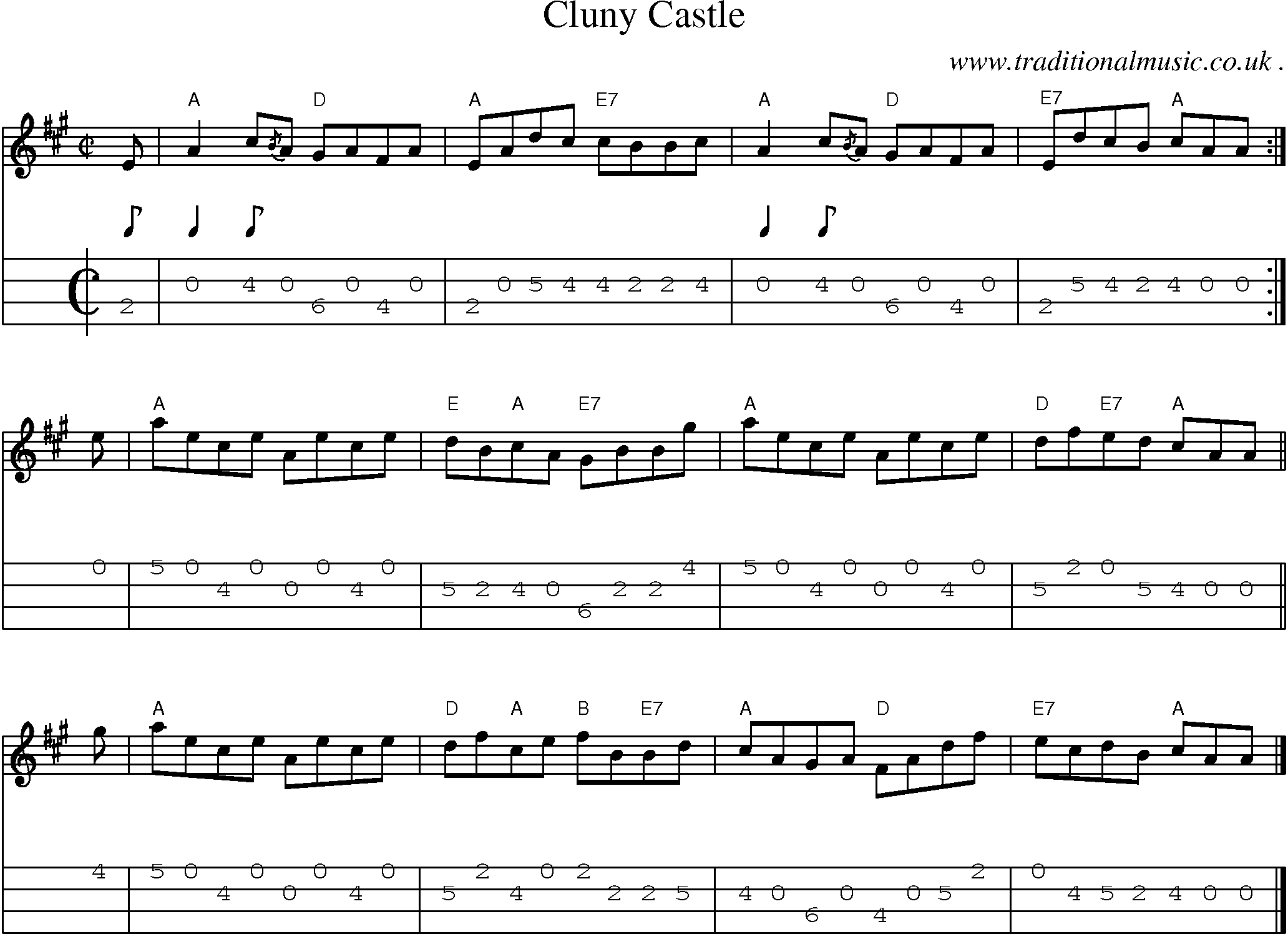 Sheet-music  score, Chords and Mandolin Tabs for Cluny Castle