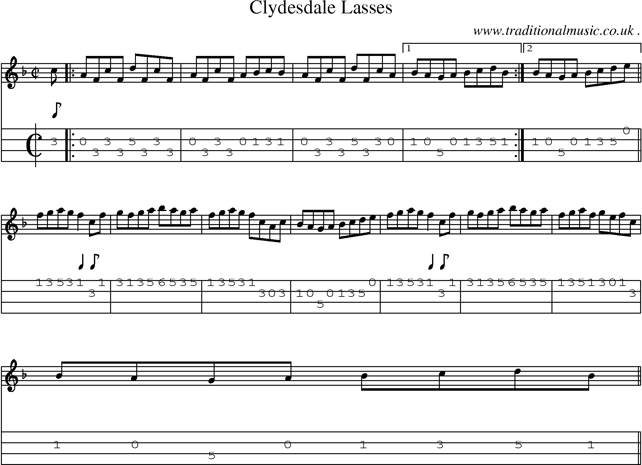 Sheet-music  score, Chords and Mandolin Tabs for Clydesdale Lasses