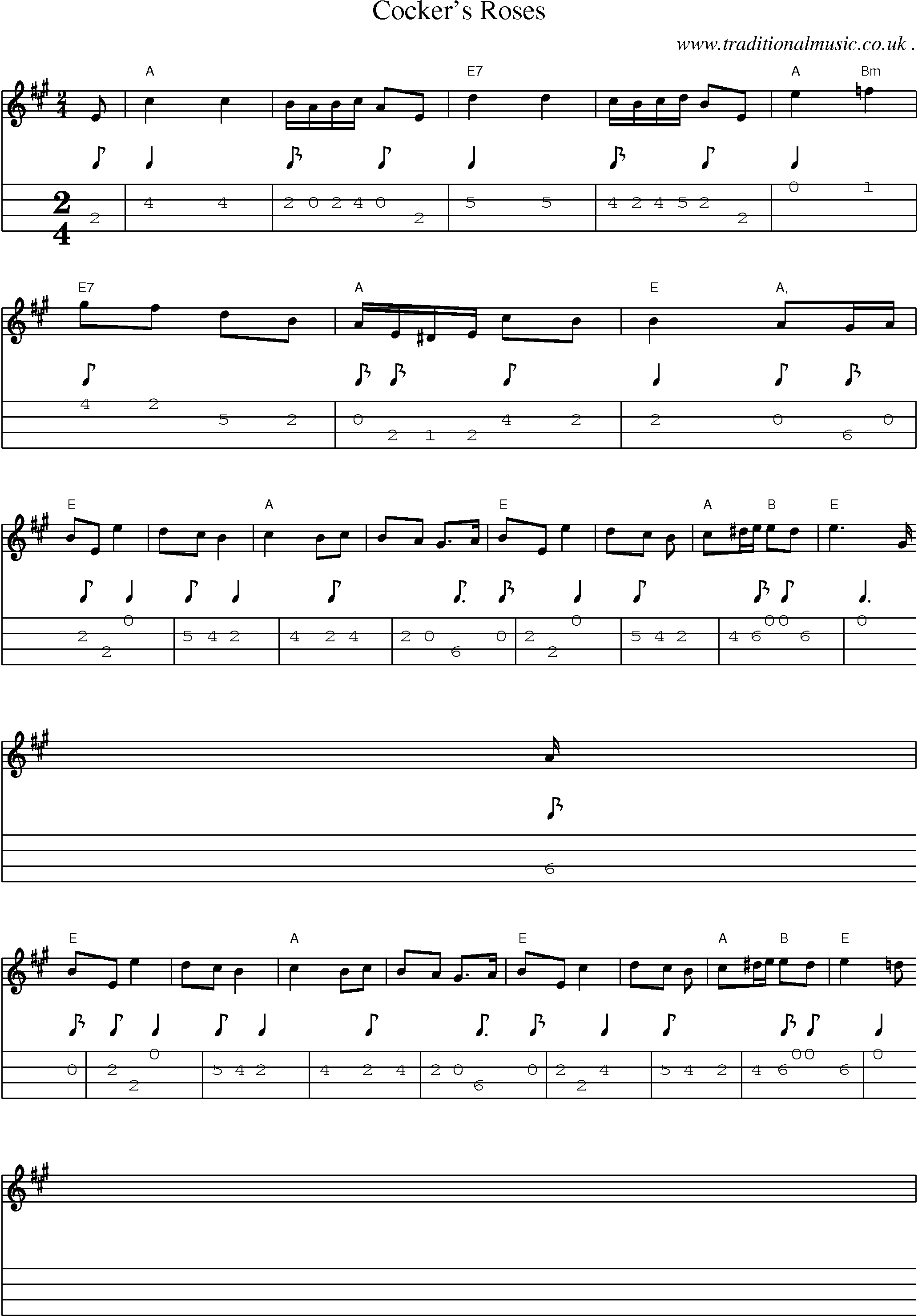 Sheet-music  score, Chords and Mandolin Tabs for Cockers Roses