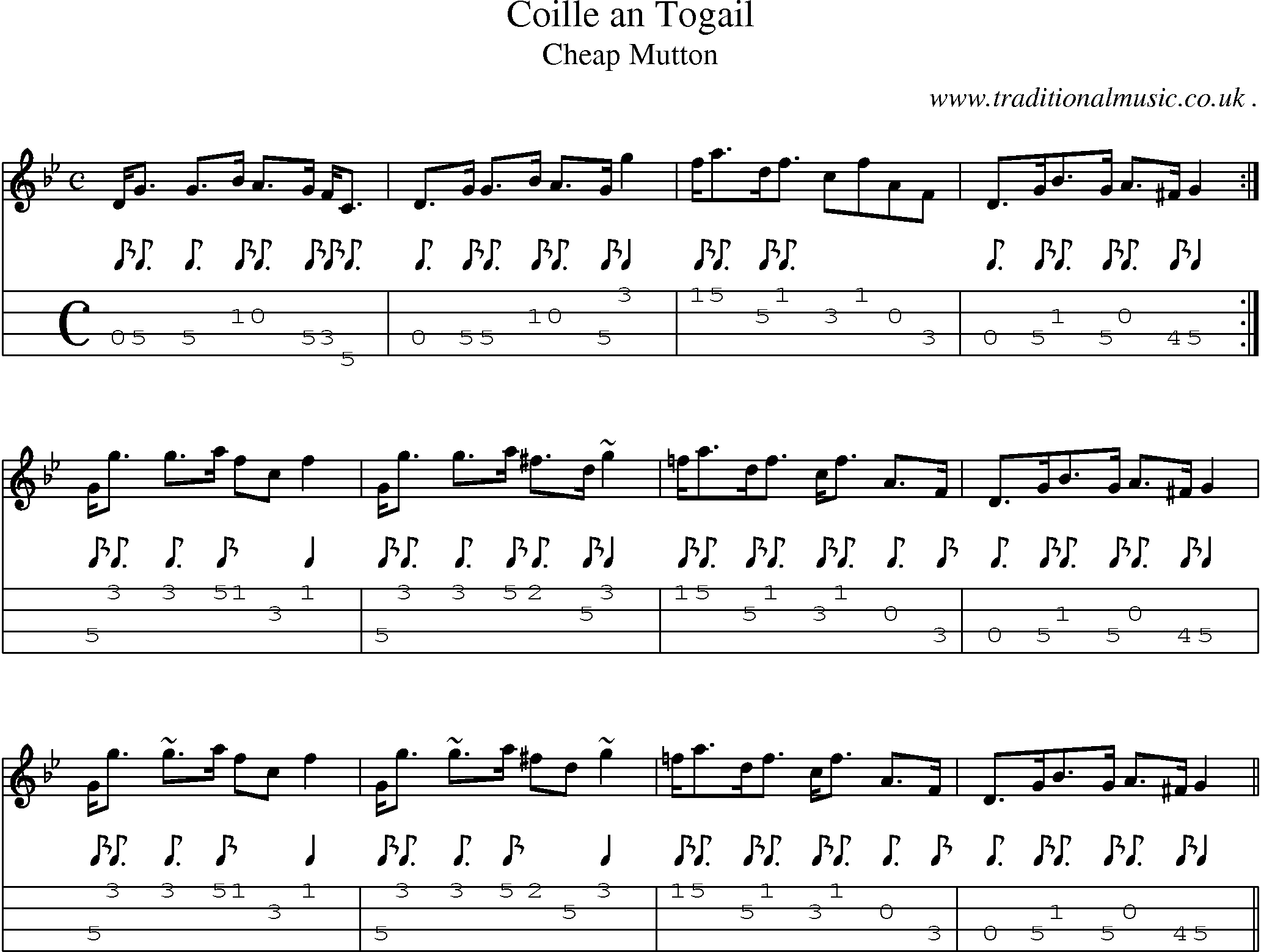 Sheet-music  score, Chords and Mandolin Tabs for Coille An Togail