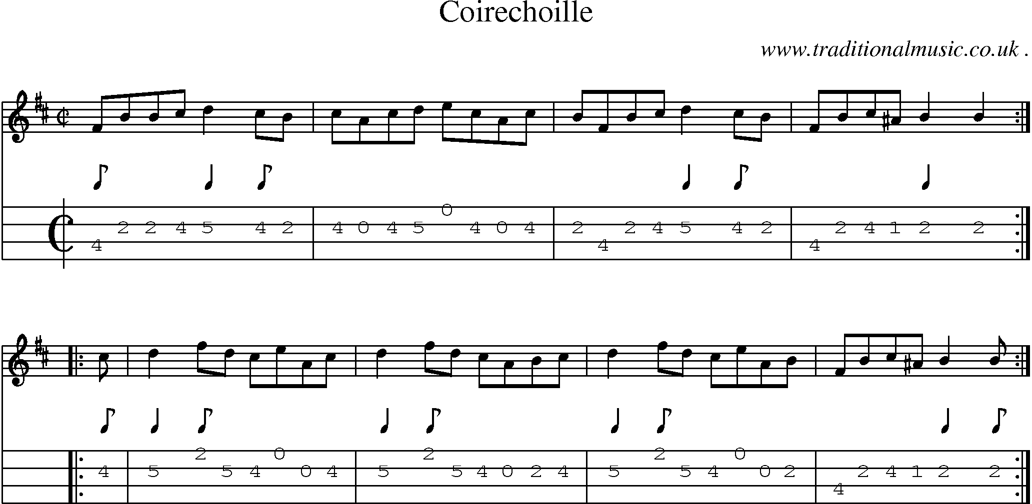 Sheet-music  score, Chords and Mandolin Tabs for Coirechoille