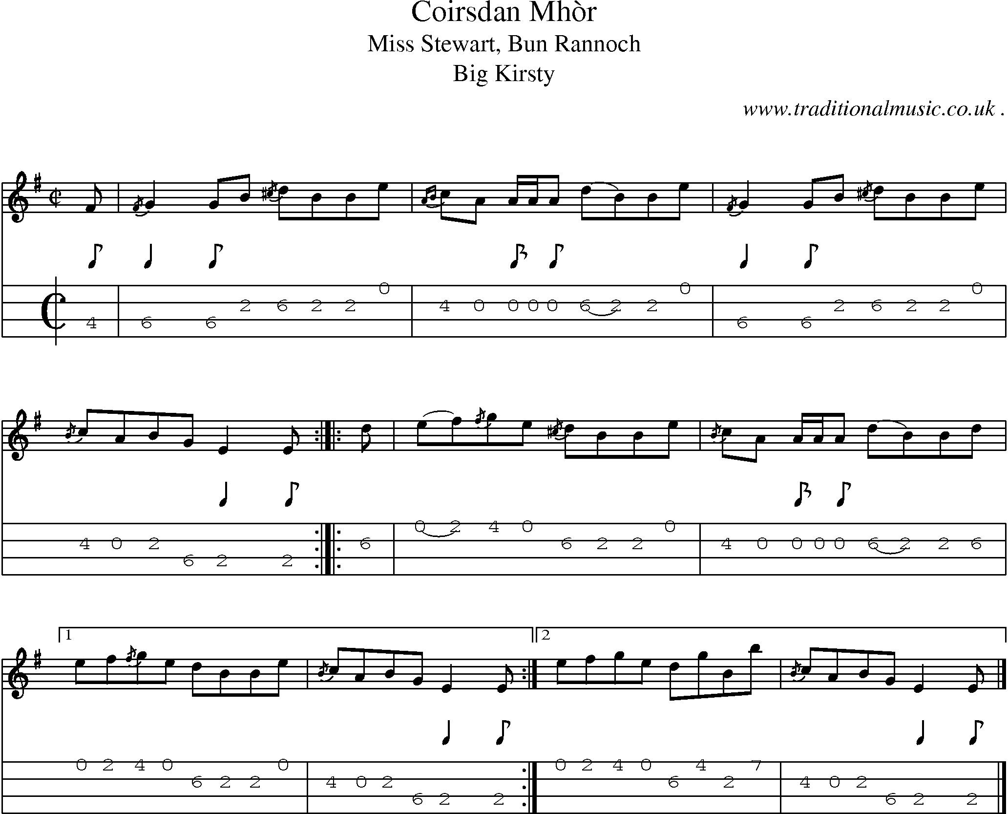 Sheet-music  score, Chords and Mandolin Tabs for Coirsdan Mhor