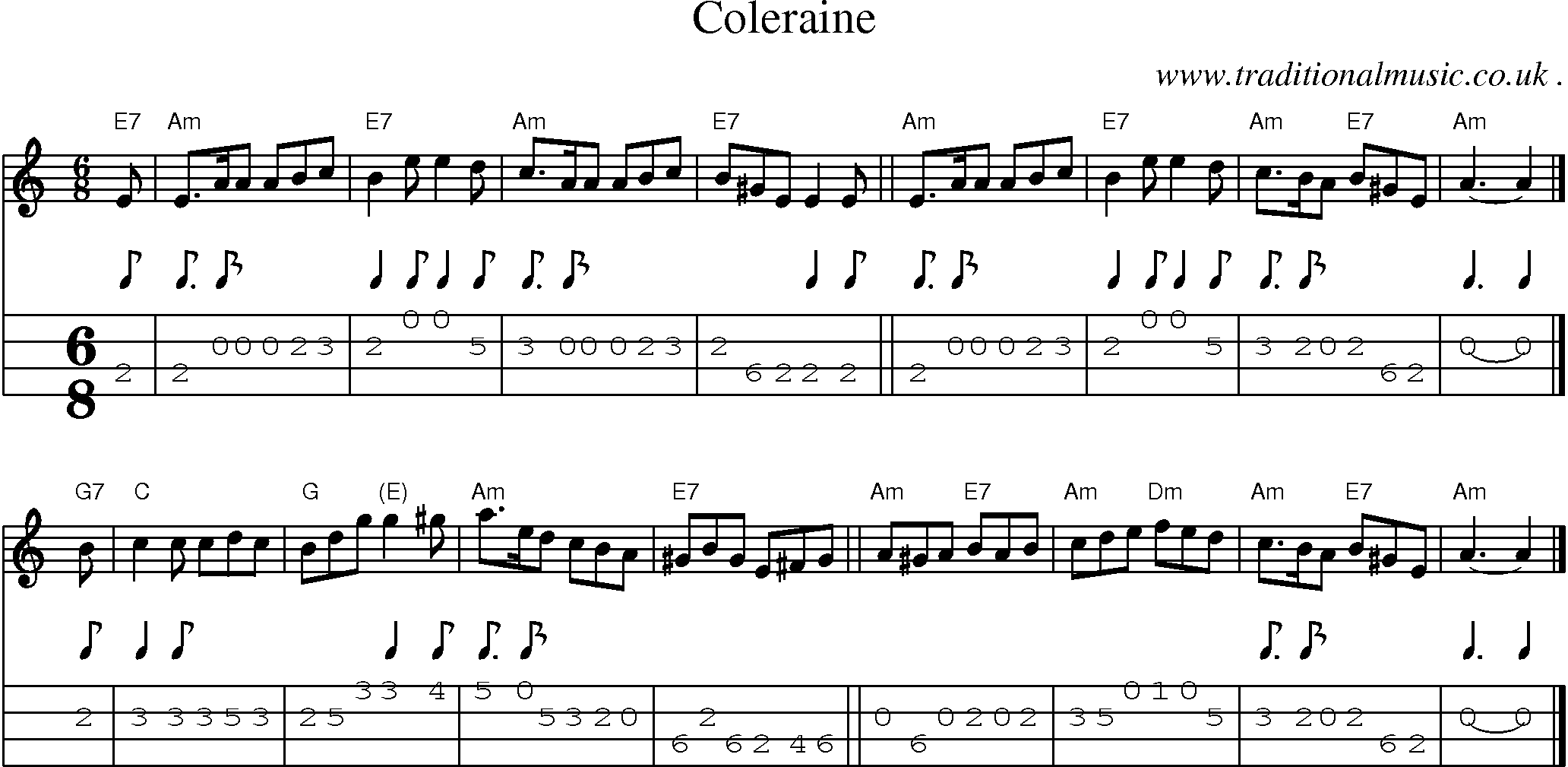 Sheet-music  score, Chords and Mandolin Tabs for Coleraine