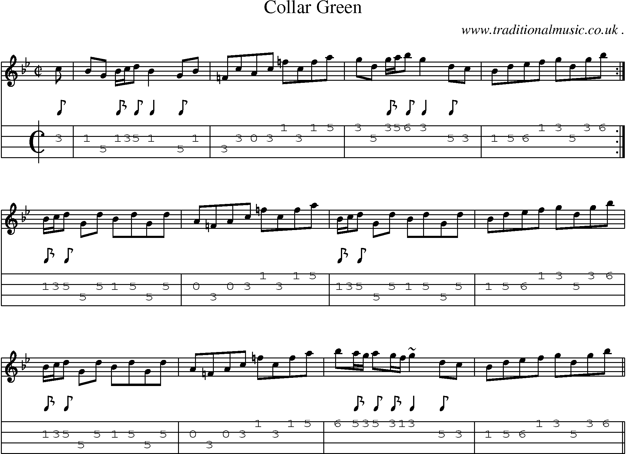 Sheet-music  score, Chords and Mandolin Tabs for Collar Green